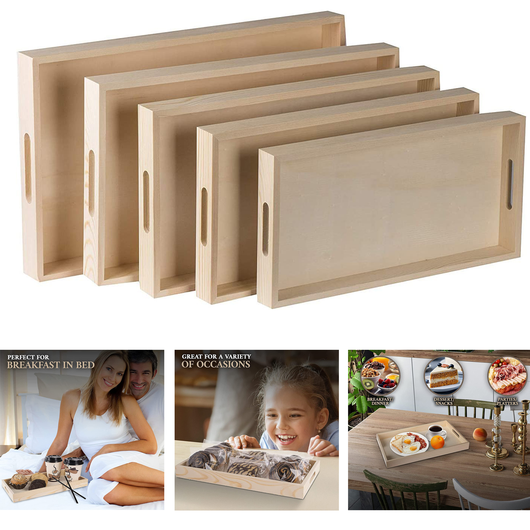 Five Piece Set of Rectangular Shape Wood Trays 1