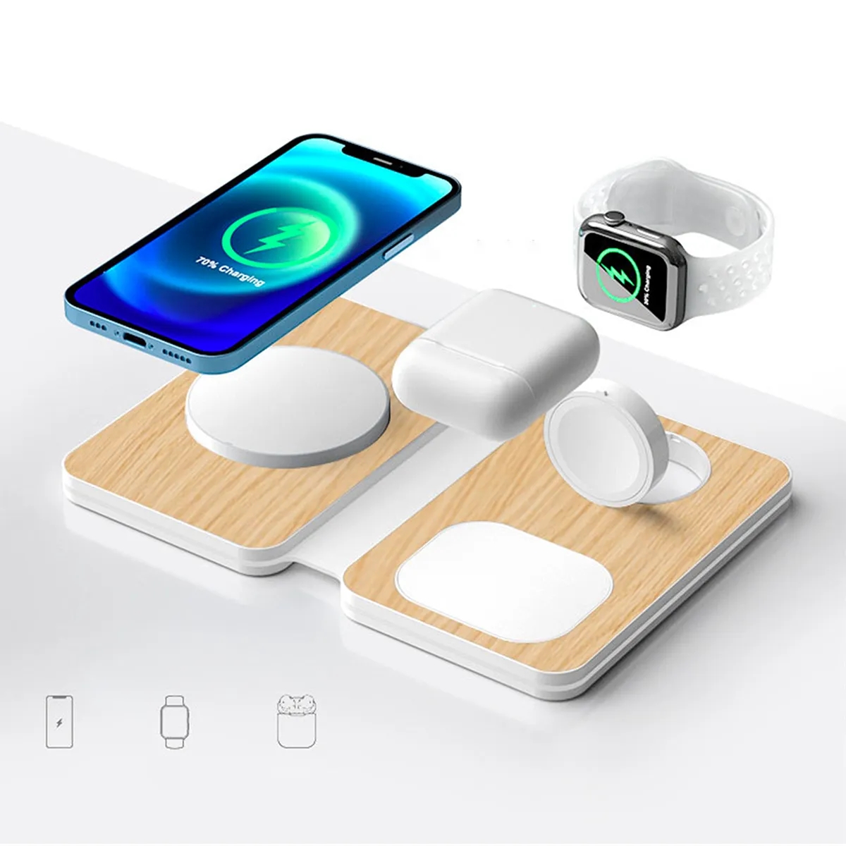 3 In 1 Bamboo Wood Magnetic Folding Fast Wireless Charger 5