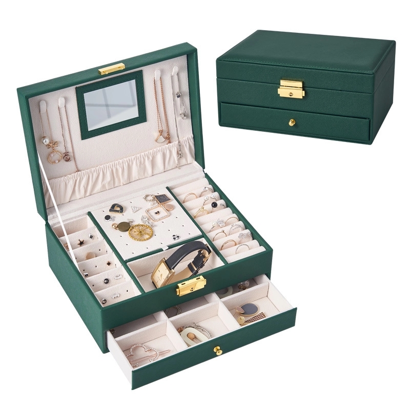 Custom 2-Layer PU Jewelry Organizer Box with Drawer & Mirror 1