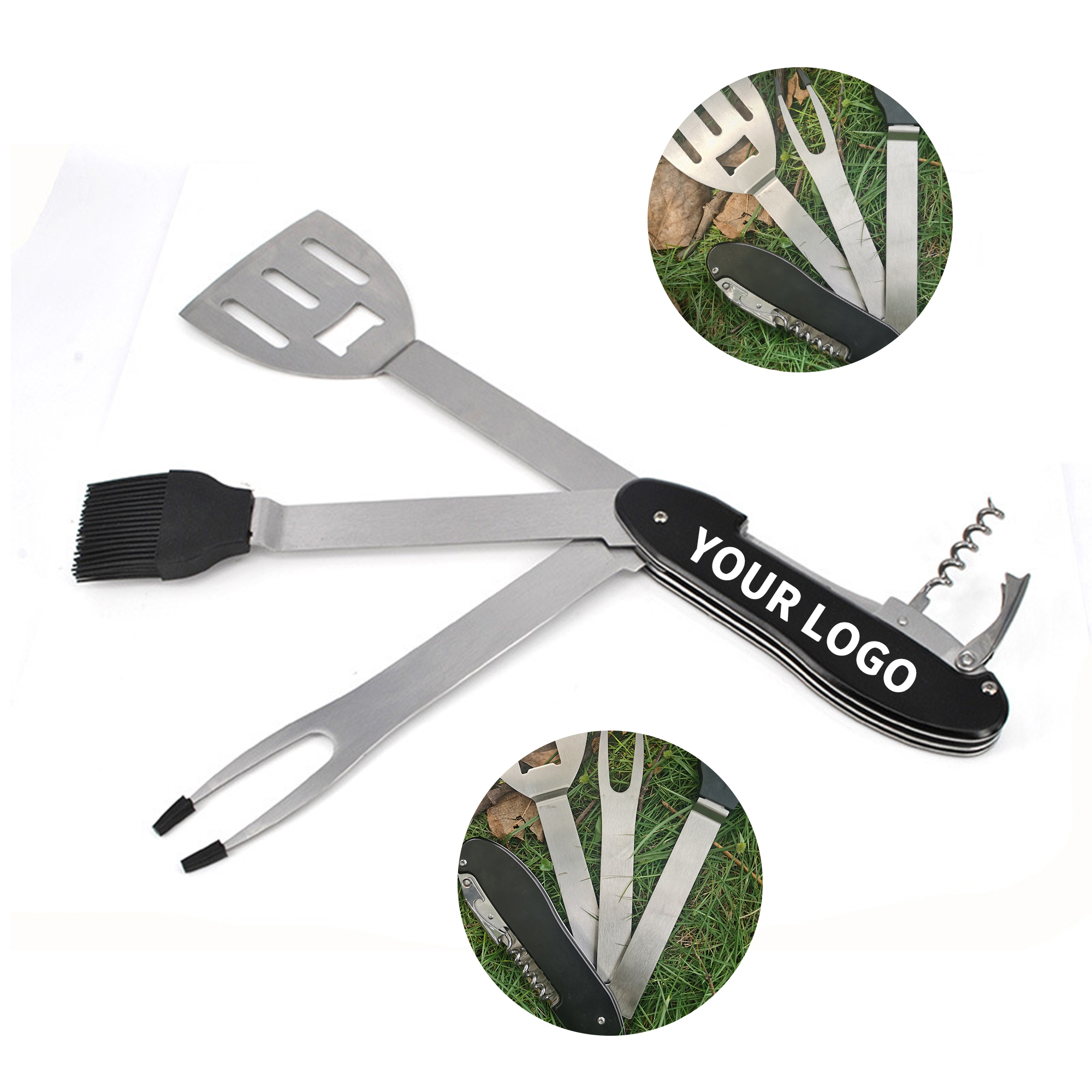 Foldable Grill Multi Tool With Spatula Fork Brush Opener 10.6" 3