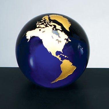 3" Diameter Cobalt Blue Molten Glass World Globe with Silver Continental Paperweight with flat Bot 1