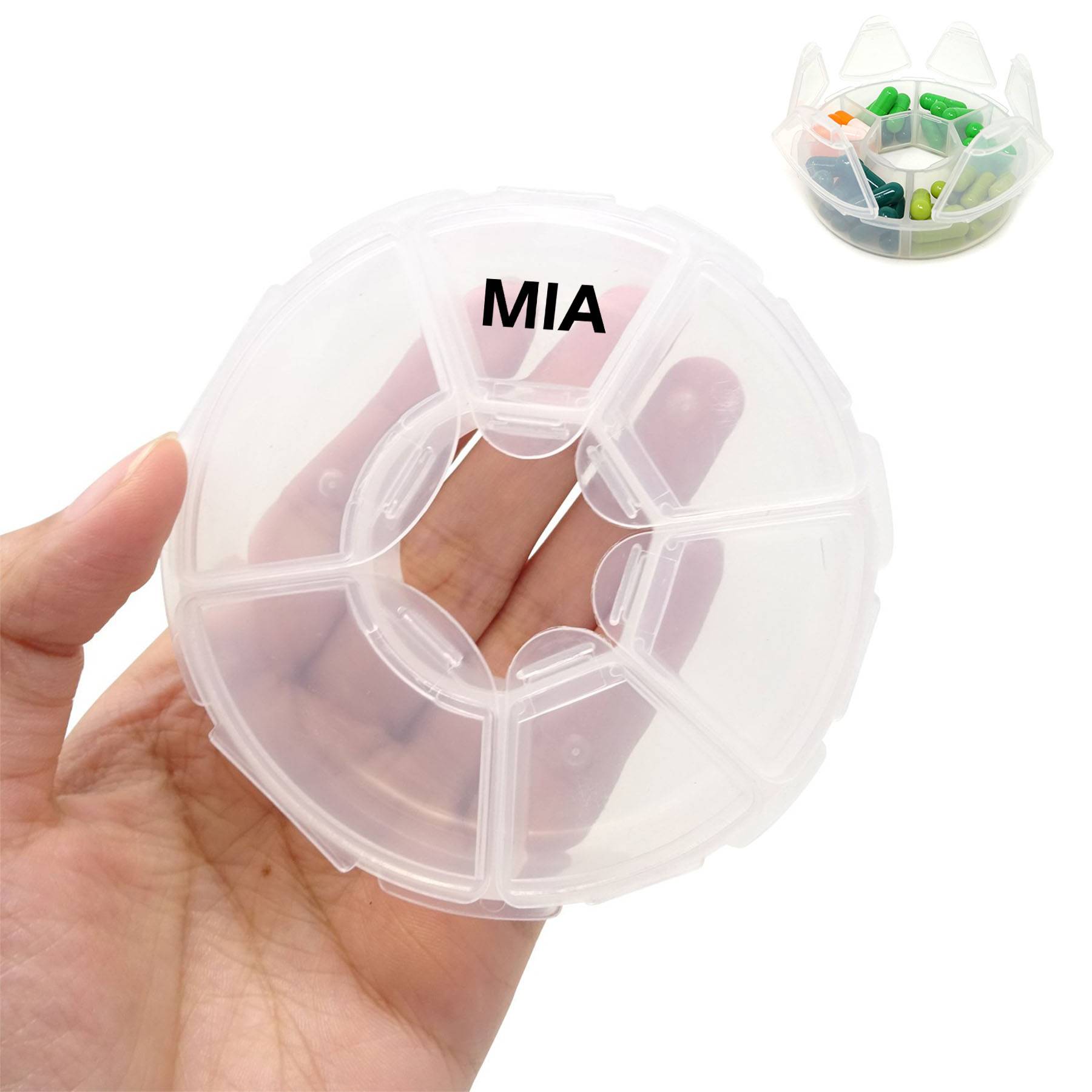 Plastic transparent round six-compartment pill box 2