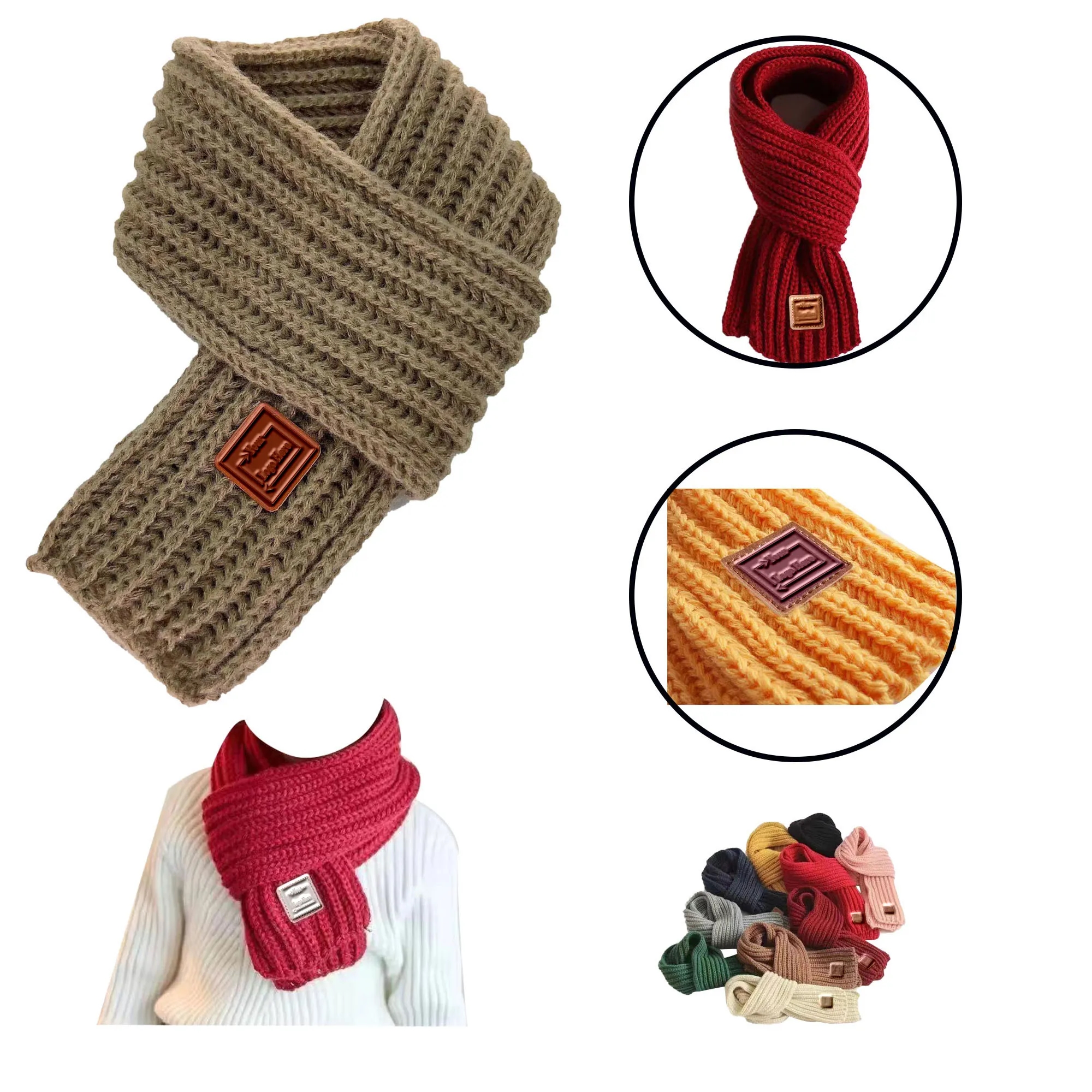 Acrylic Kid Knit Scarf With Debossed Square/Round Leather Pa