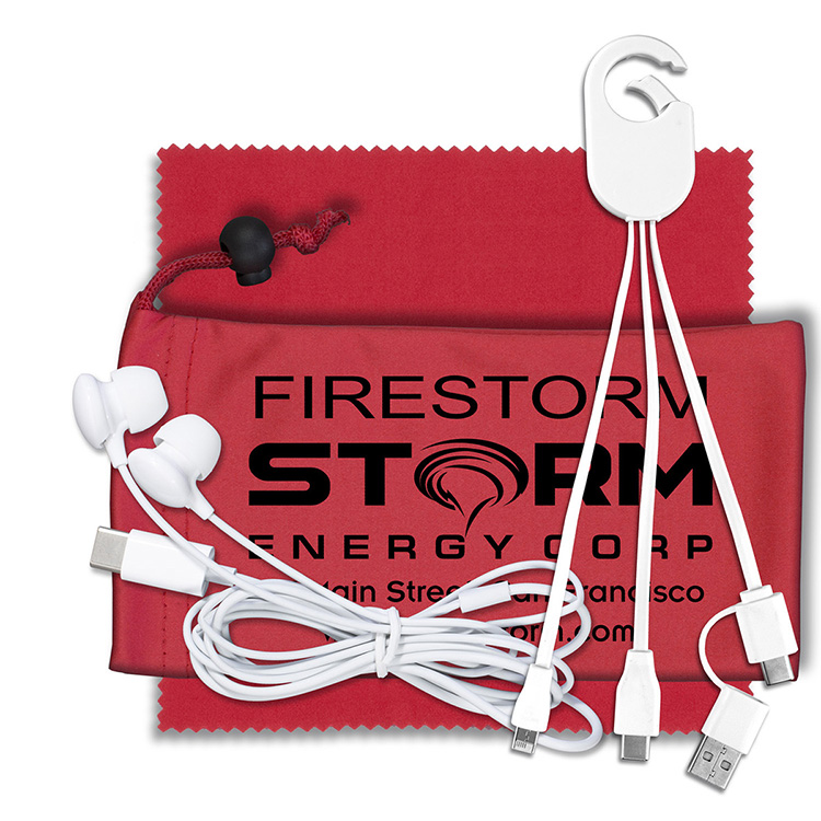 Mobile Tech Charging Kit with Earbuds in Microfiber Cinch Pouch Components inserted into Microfiber 22