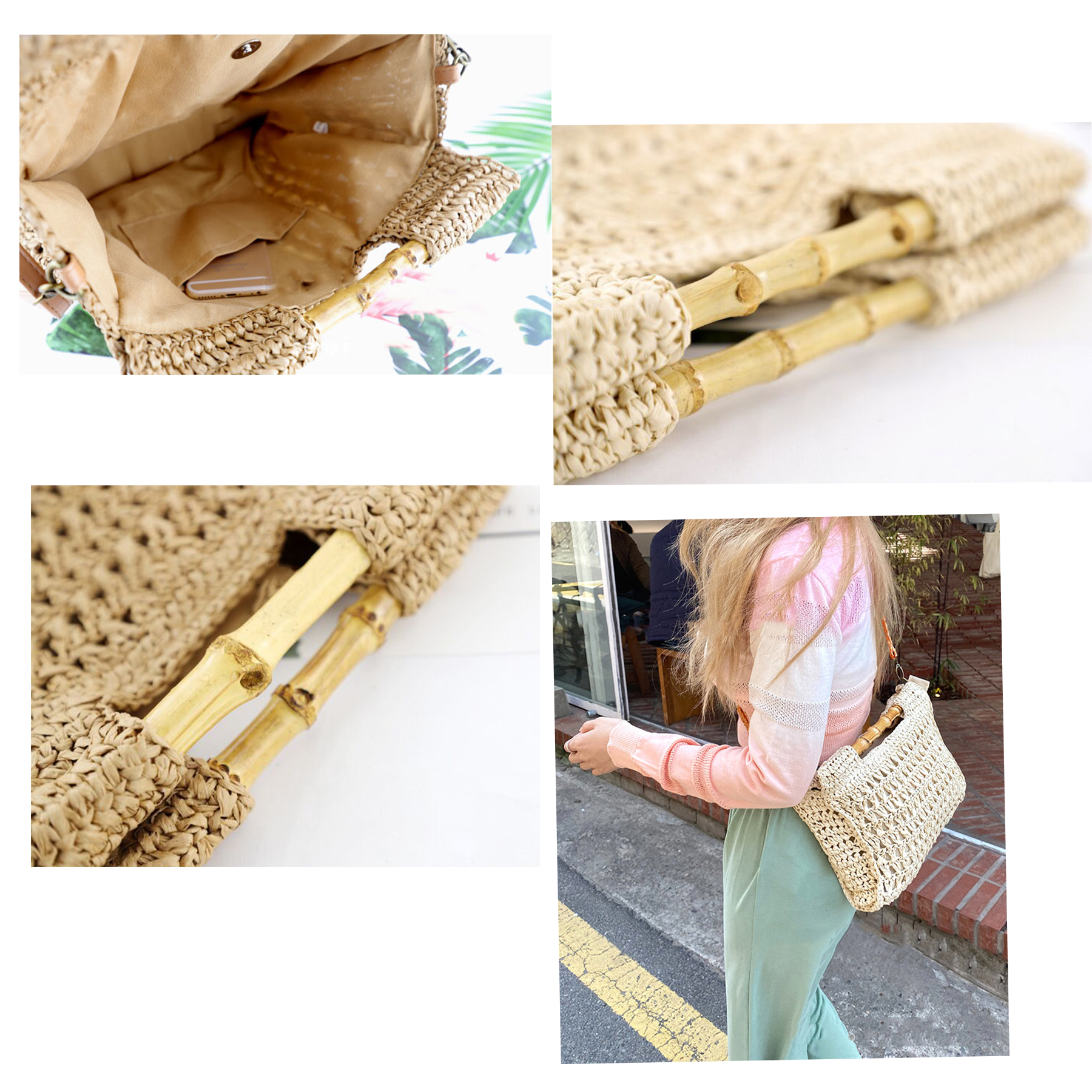 Jute Straw Beach Bamboo Top Handle Handbag Crossbody Purse 6