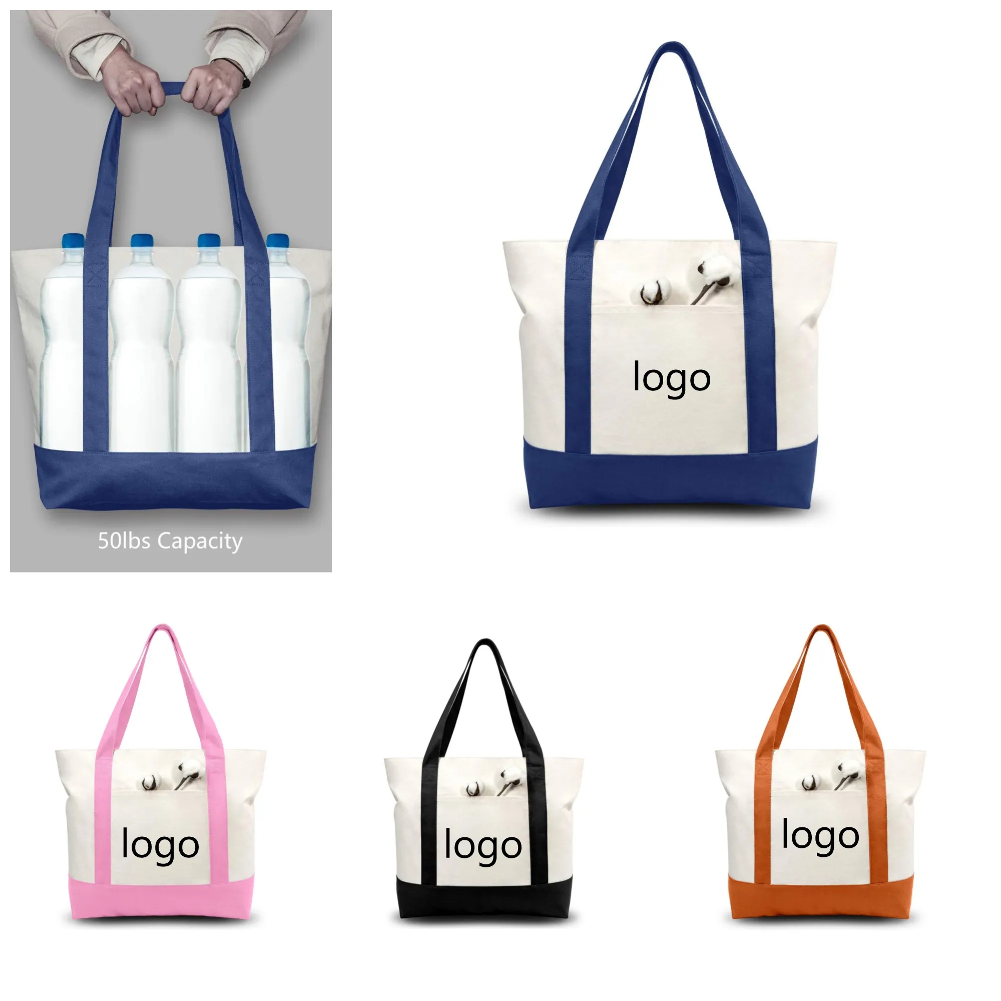 100% Cotton Canvas Tote Bag Top Zipper Closure 4