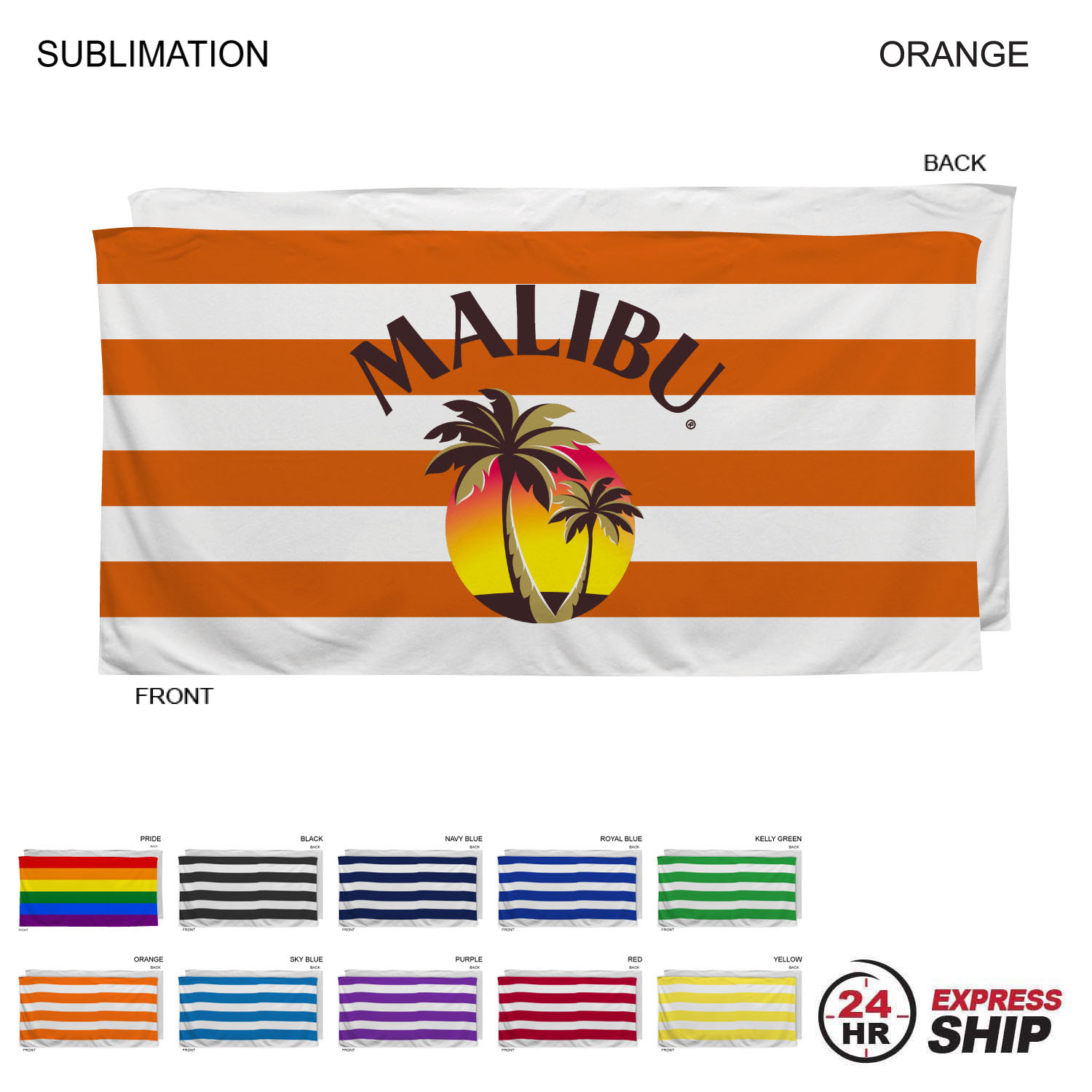 24Hr Express Ship - Cabana Stripe Sublimated, Heaviest Weight, Plush Velour Terry Beach Towel, 30x60 1