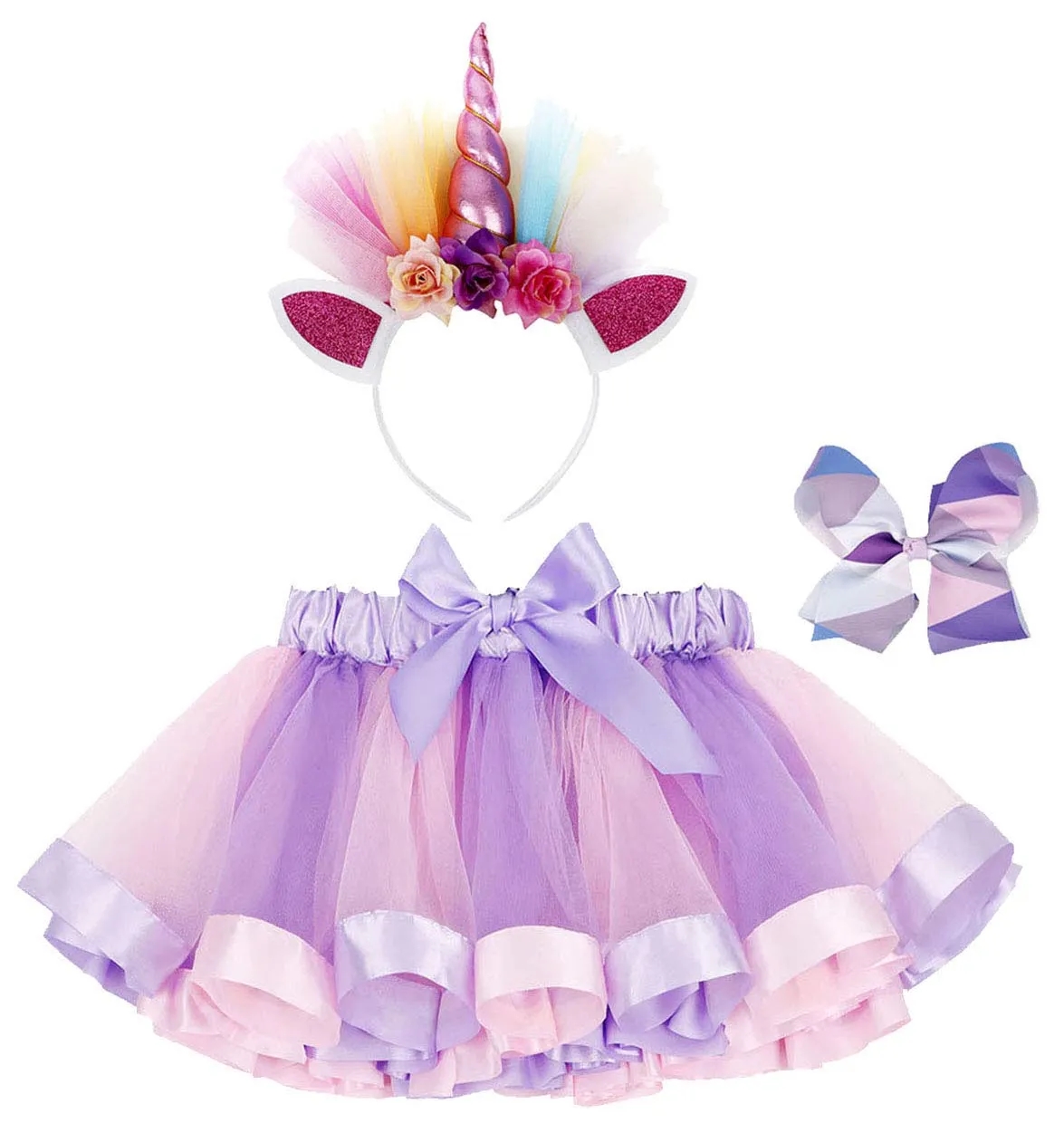 Rainbow Layered Tulle Tutu Skirt Unicorn Headband/Hair Bow 8