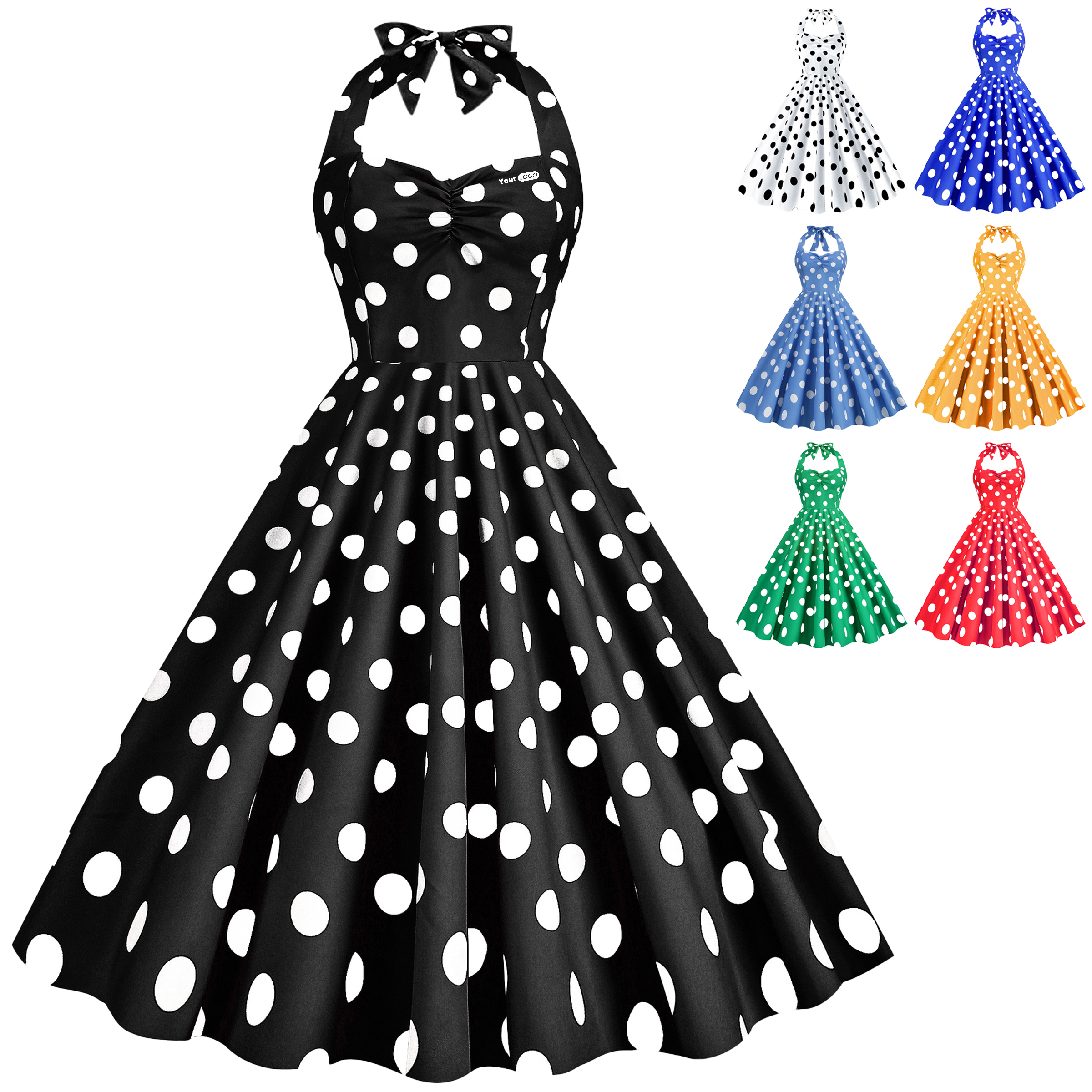 Polyester Retro Polka Dot Strapless Dress 9