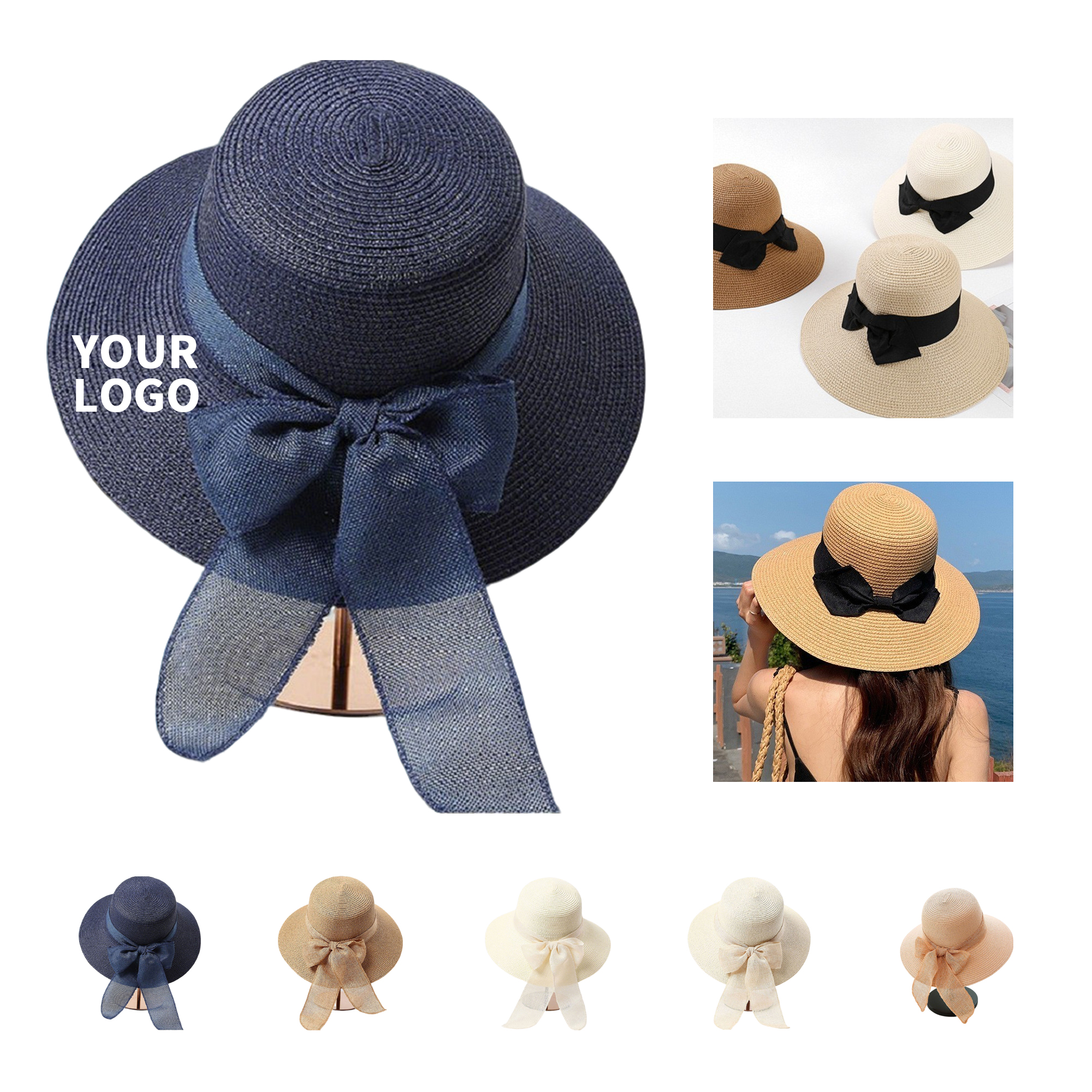 Ribbon Trim Beach Straw Hat With Sun Protection 1