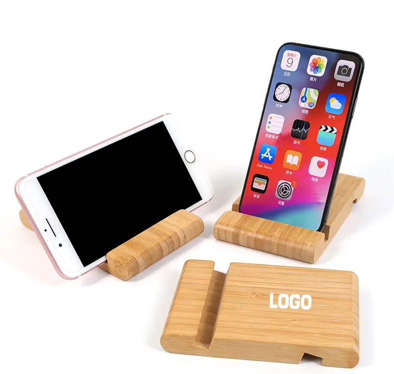 Custom Logo Dual Slot Bamboo Phone Stand Bulk for Office Desk Use 3