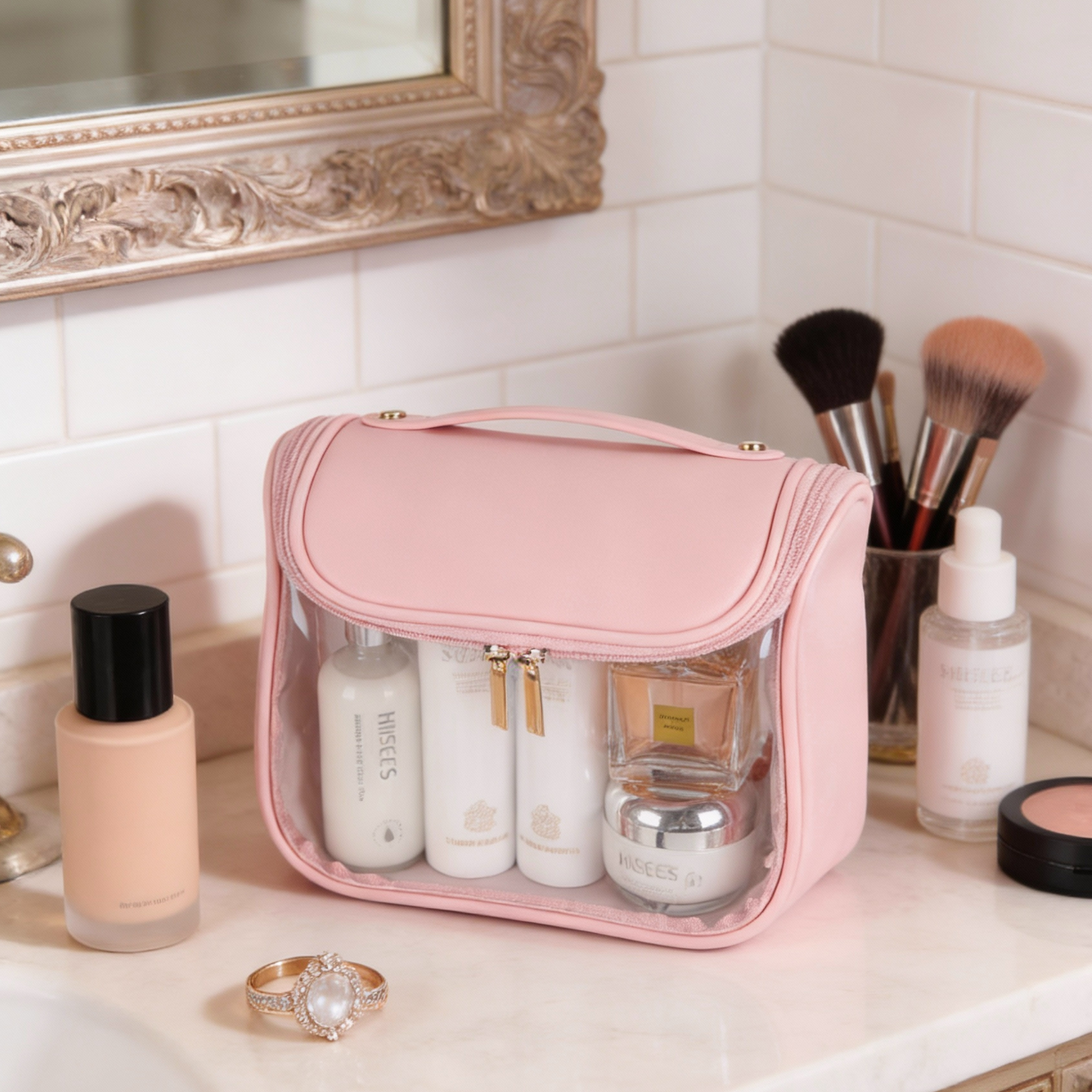 Hanging PU Leather Toiletry Bag with Clear PVC Window 11