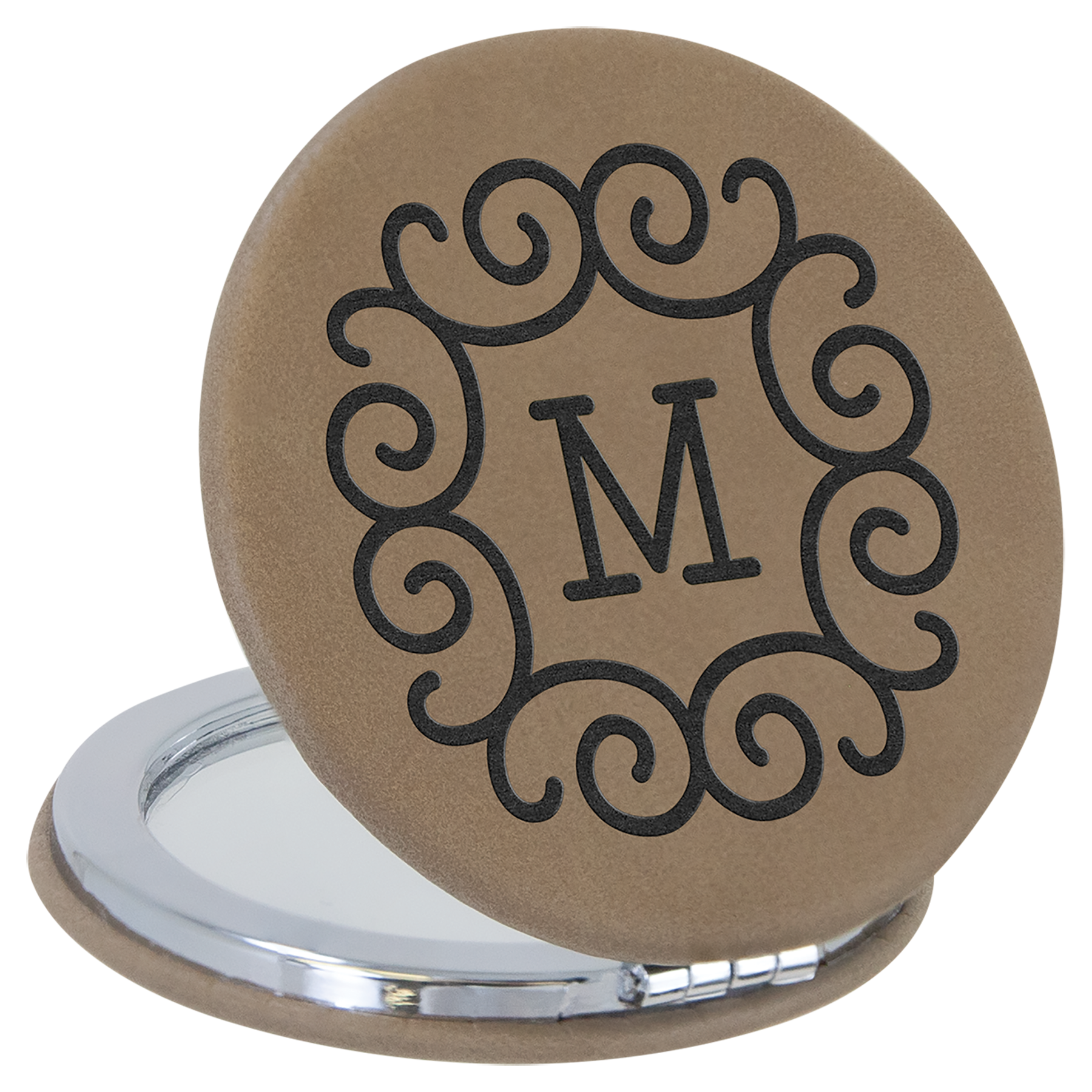 2 1/2" Light Brown Leatherette Compact Mirror 1