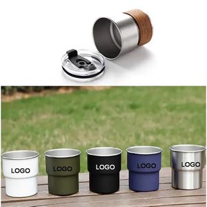 10oz Stainless Steel Camping Coffee Mug w/Wood Sleeve & Lid 12