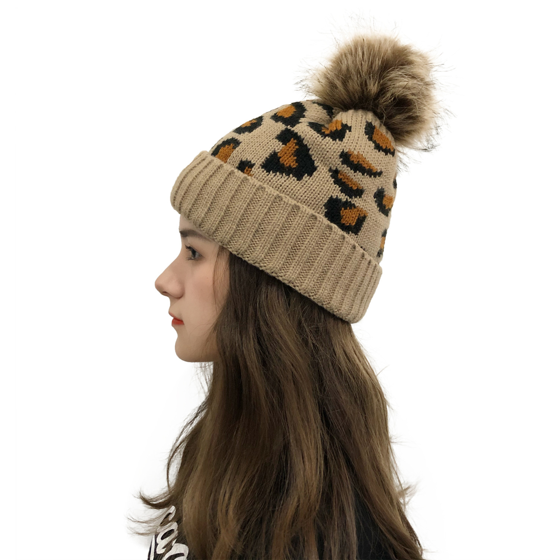 Winter Knitted Leopard Pom Beanie Hat For Women 2