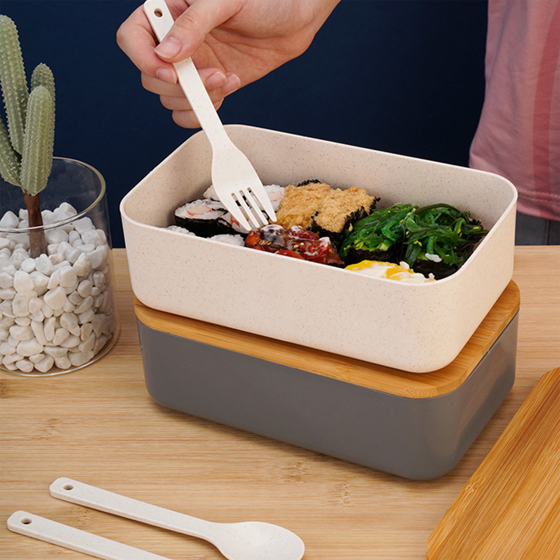Plastic Lunch Box Set W/ Wooden Lid 4