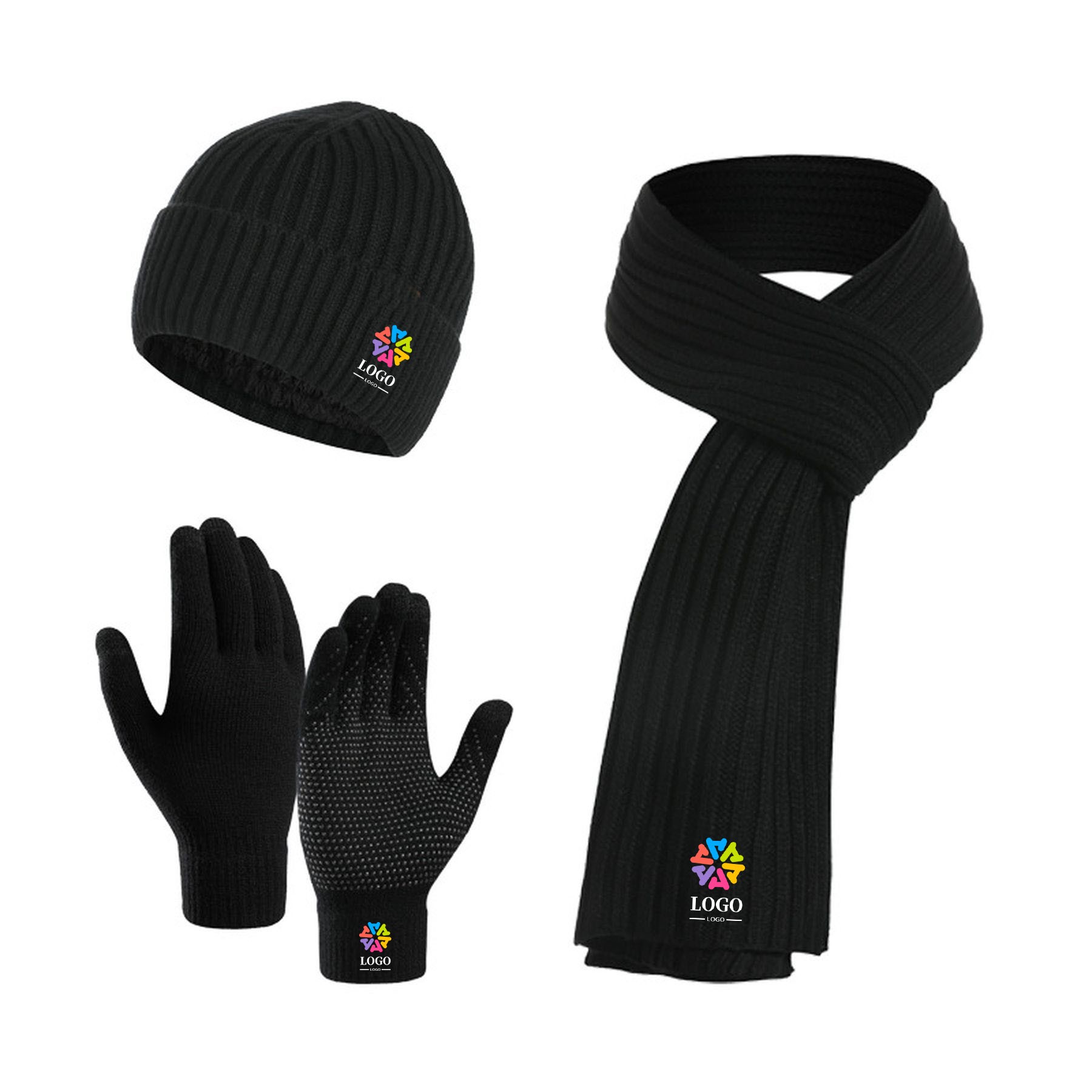 Winter Beanie Hat Warmer Long Scarf Touchscreen Gloves Set