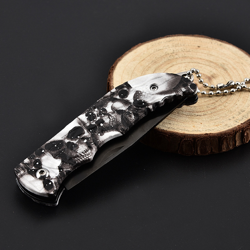 Skull Pattern Stainless Steel Folding Pocket Knife with Key Chain 7