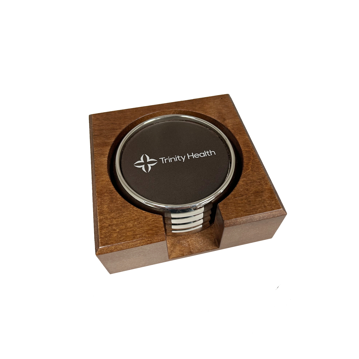 Metal & Leather Coaster Set in Wood Holder 15