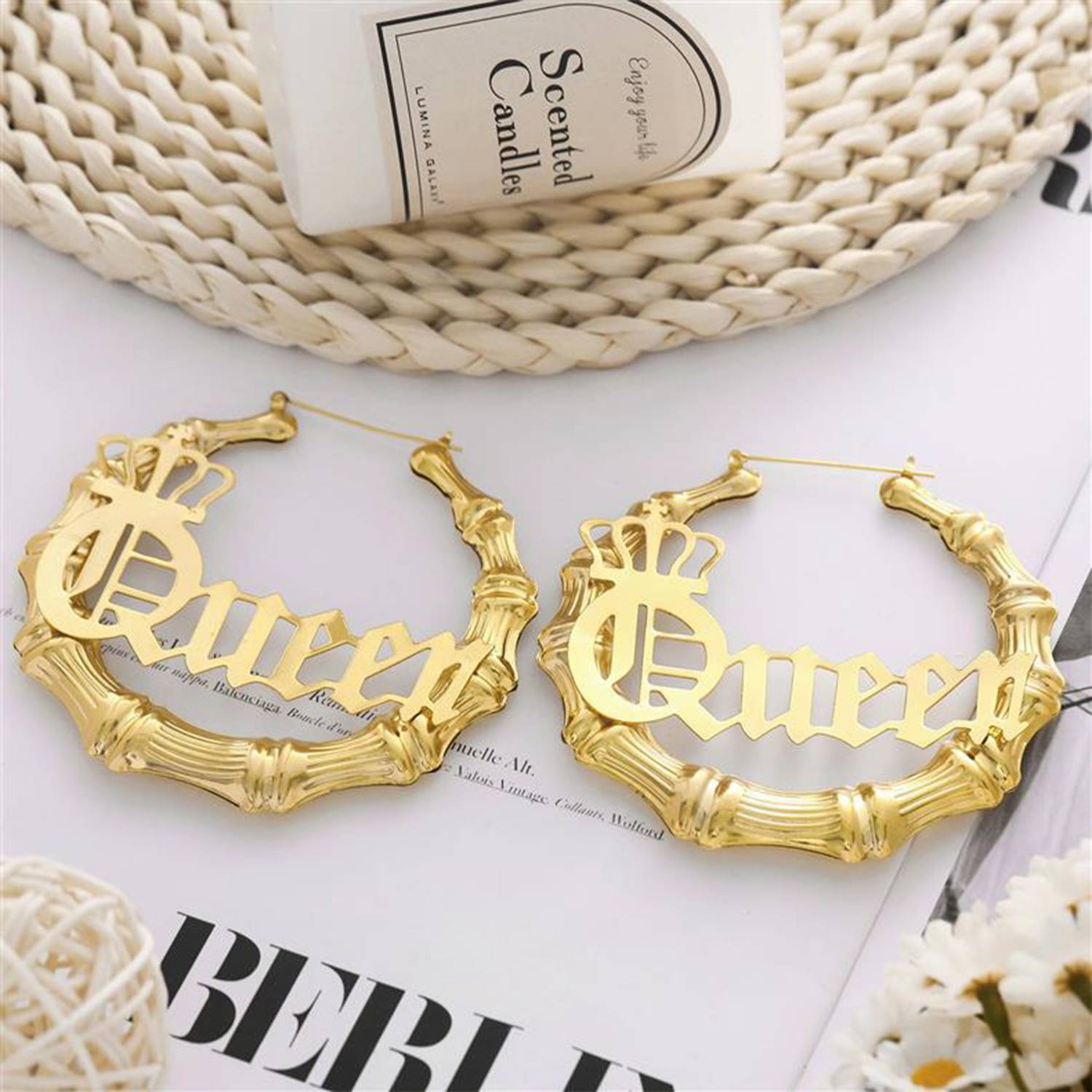 Custom Large Hollow Queen Letter Design Earrings 10