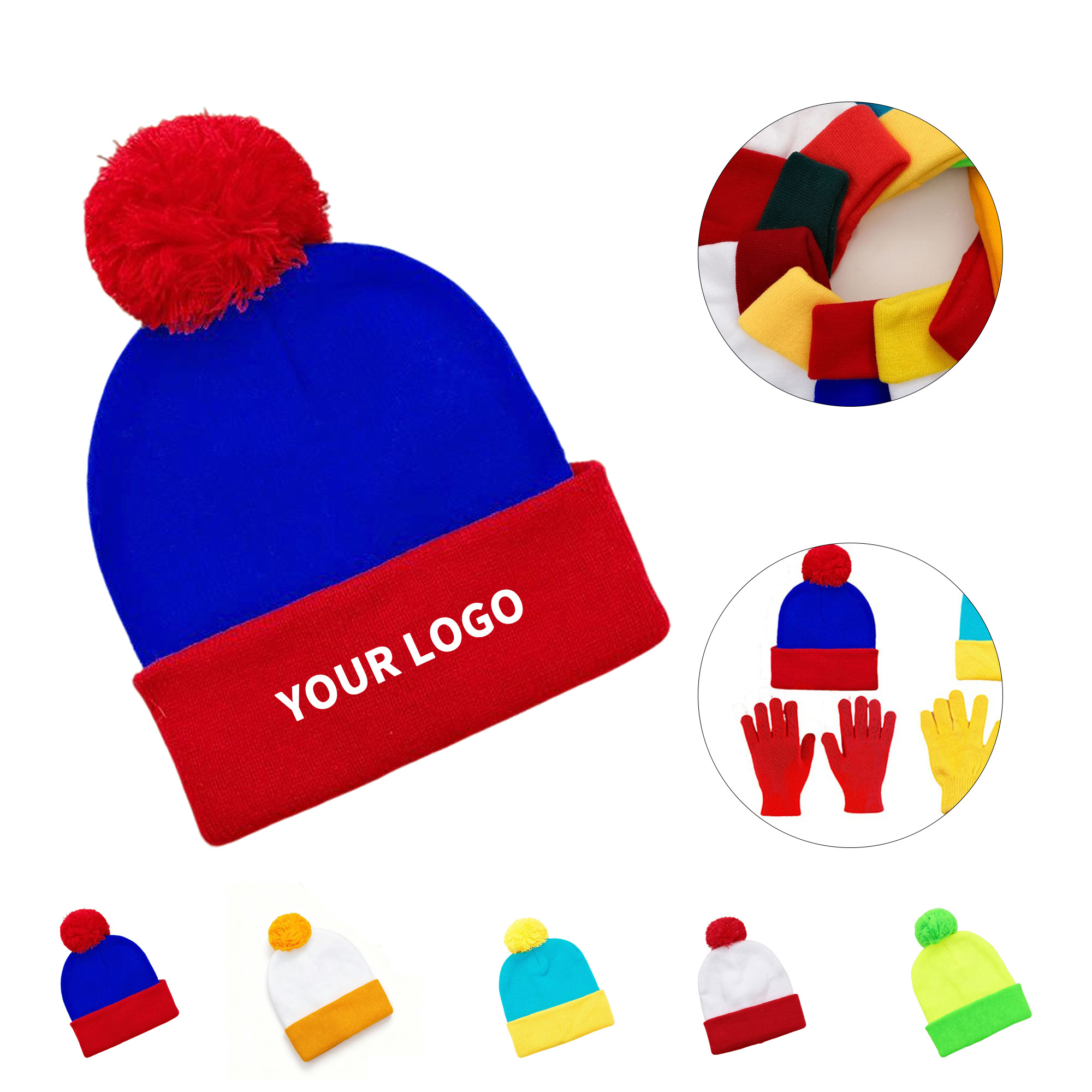 Holiday Color Block Knit Cap With Pom 3