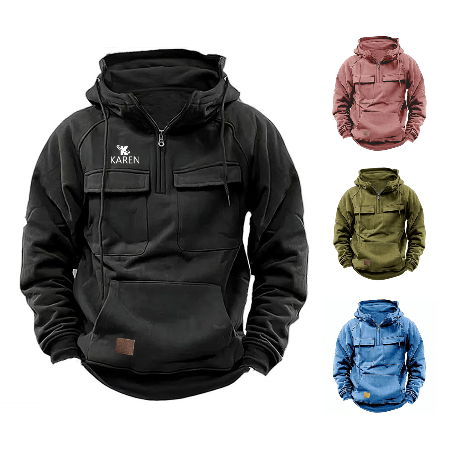 Men's Casual Zip Double Pocket Hooded Sweatshirt, custom hoodie or sweatshirt with logo imprint 1