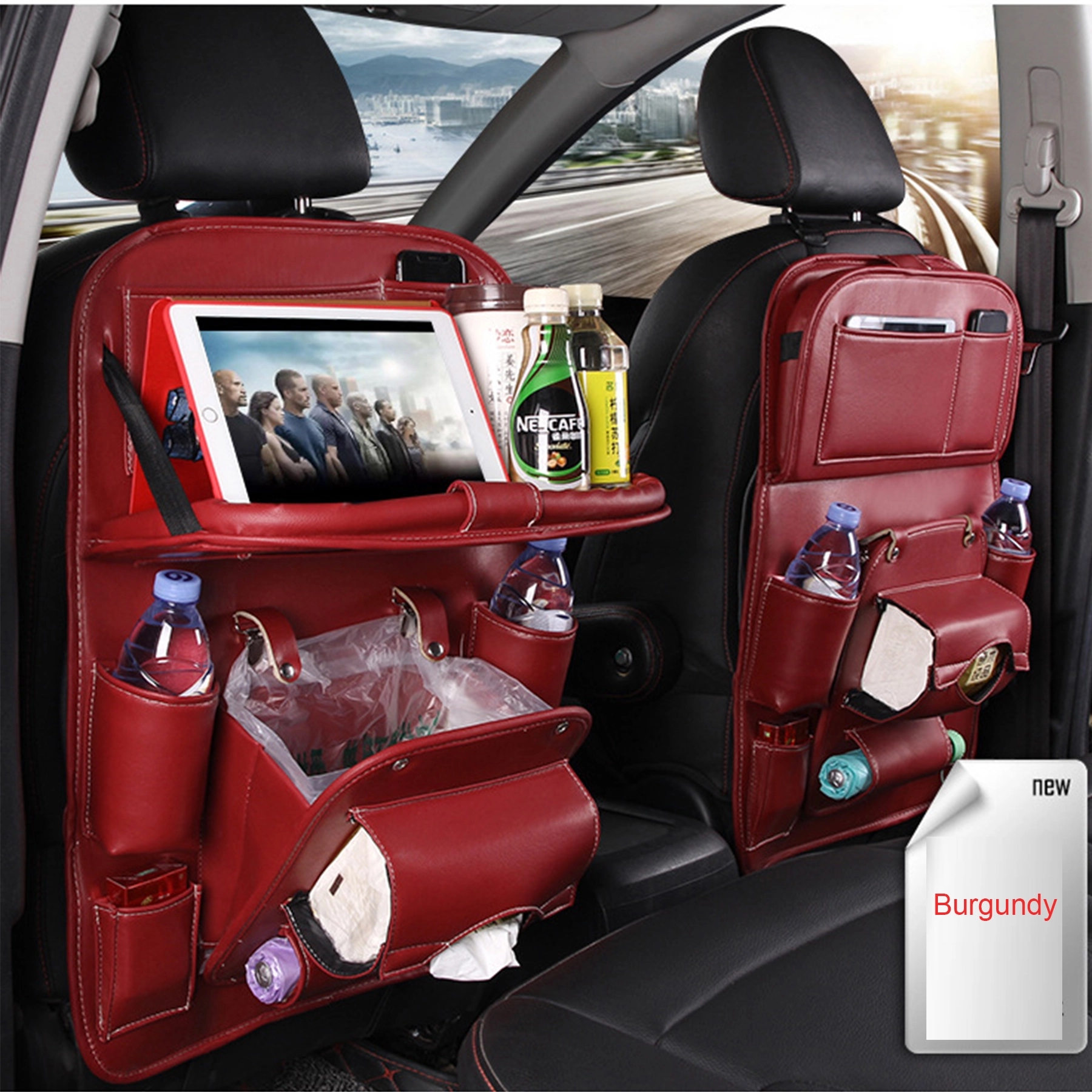 Car Backseat Storage Organizer with Trash Table PU Leather 8