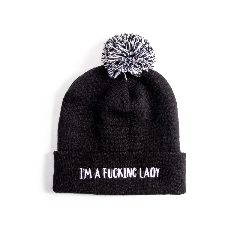 Embroidered Knit Beanie With Colorful Pome 5