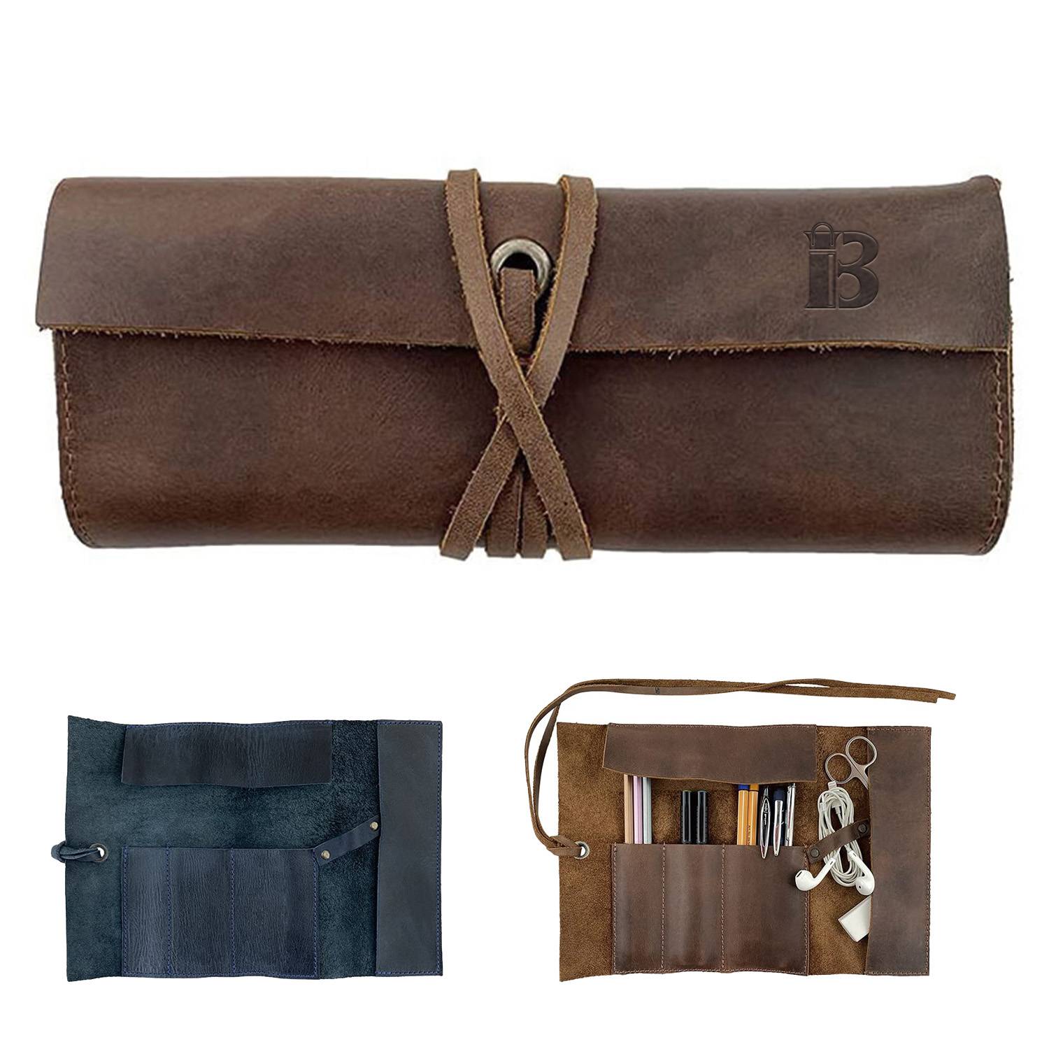 Cowhide Leather Roll Pencil Case Bag 2
