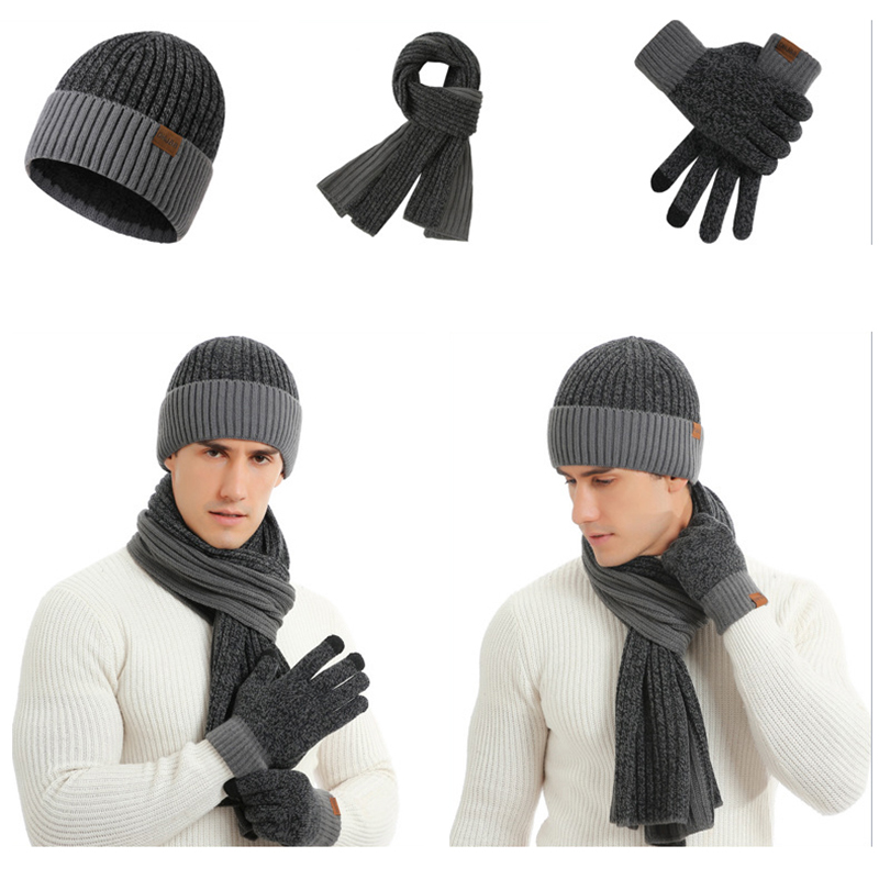 Unisex Winter Knitted Beanie Hat Scarf Touchscreen Gloves Set 13