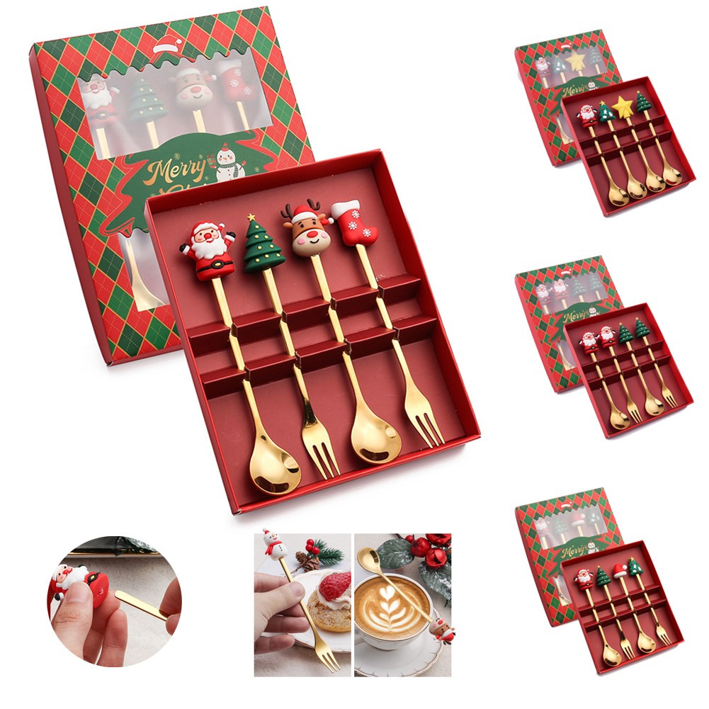 Cartoon Santa Claus Cute Spoon and Fork Set Stainless Gold Silverware Cutlery Set 2