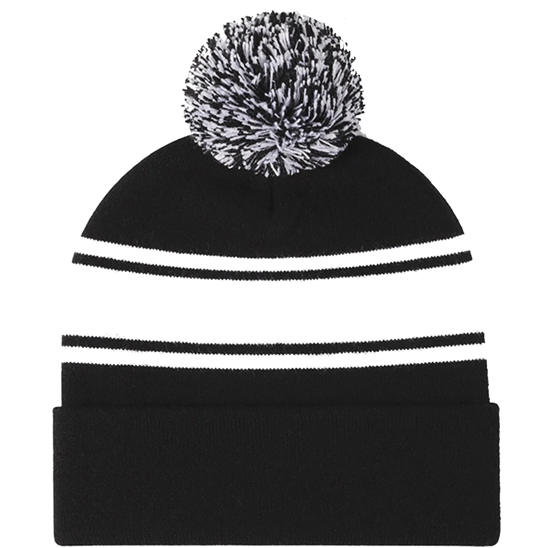 Jacquard Pom Striped Knitted Cuffed Beanie 1