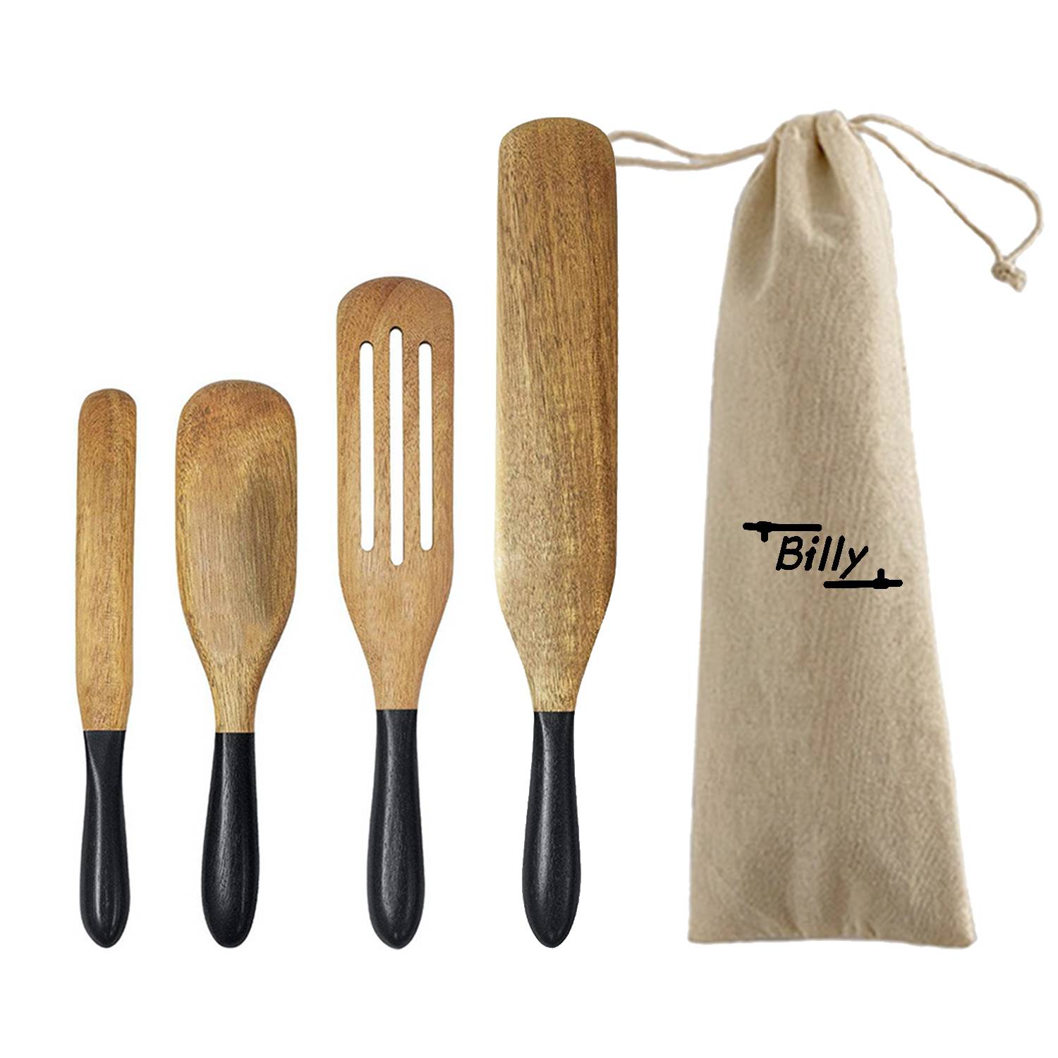 Color Handle Wooden Spurtle Set WithReusable Bag 4/Pack, custom kitchen gadget with logo imprint 1