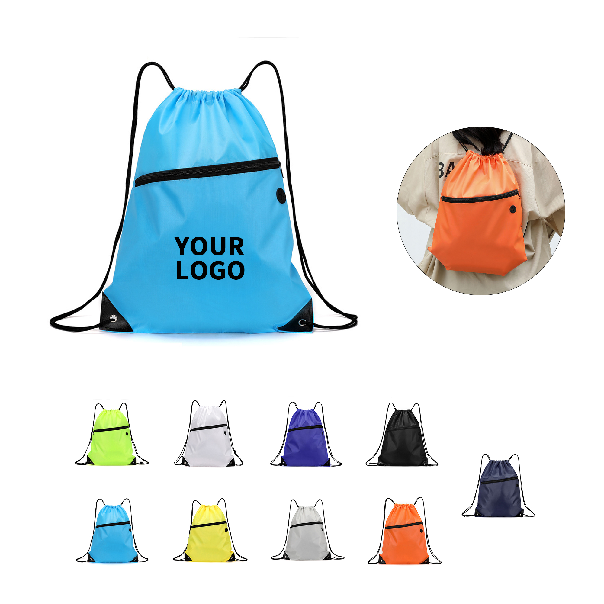 Polyester Drawstring Backpack With Zipper Pocket 5