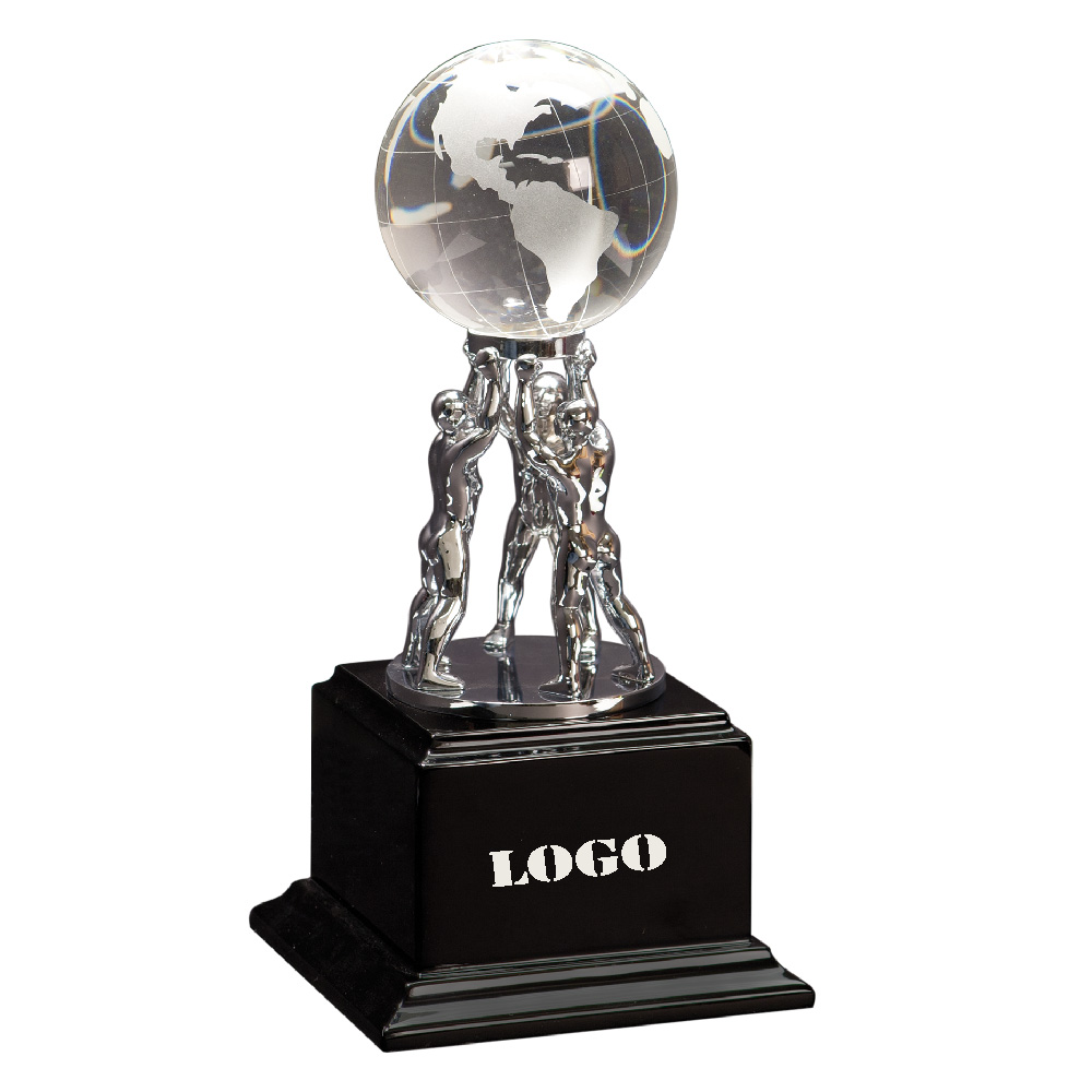 10" Clear Crystal Globe with Silver Men/Stand on Black Piano Finish Wood Base 1