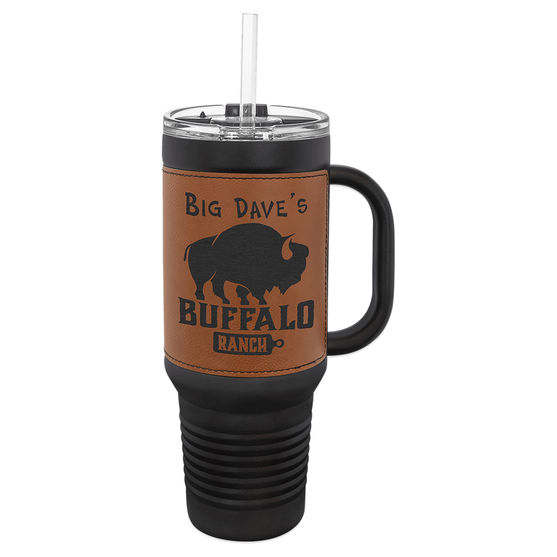 Polar Camel 40 oz. Black with Rawhide Laserable Leatherette Travel Mug with a Handle, Straw Included 1