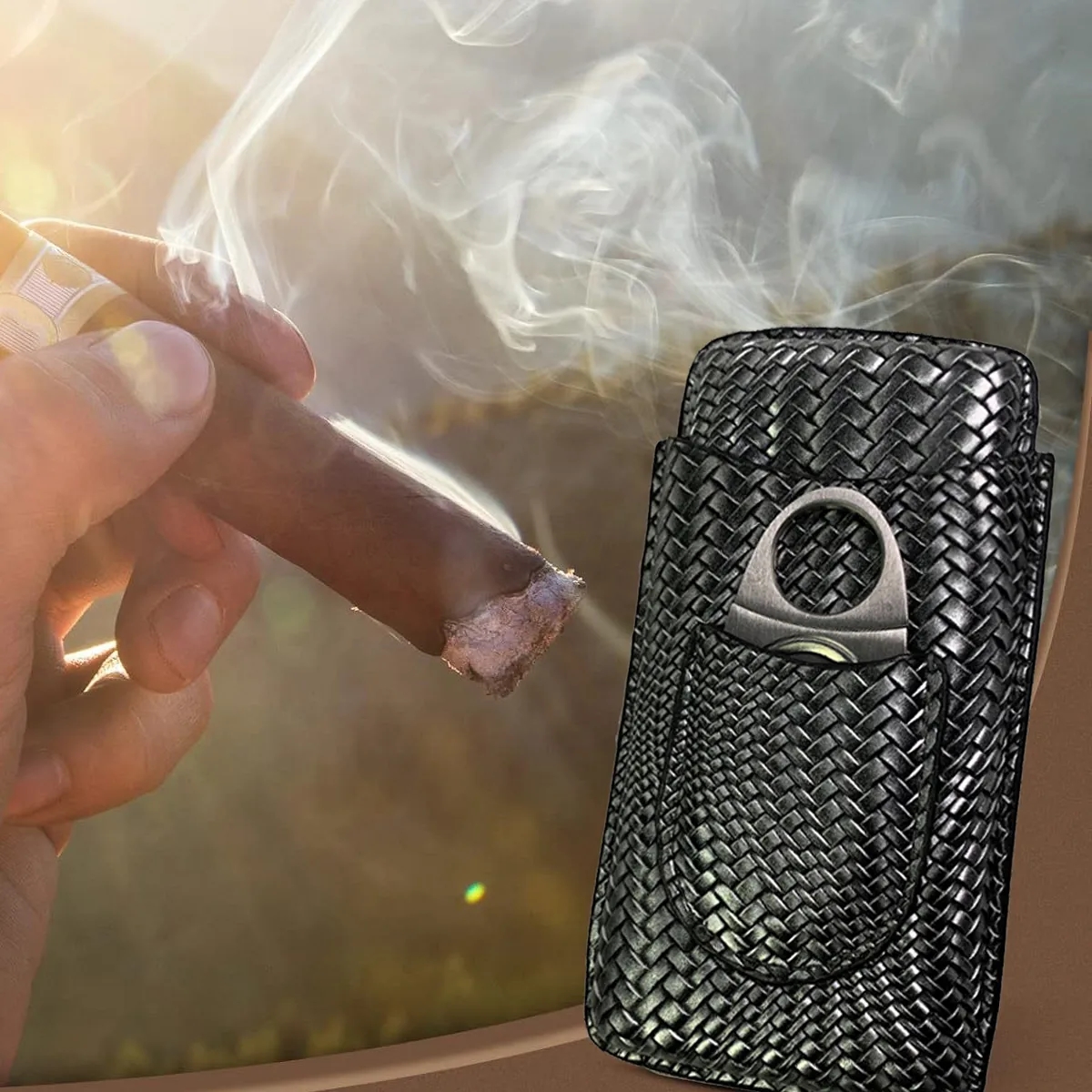Embossed Woven Leather Cigar Case With Cutter Pocket 5