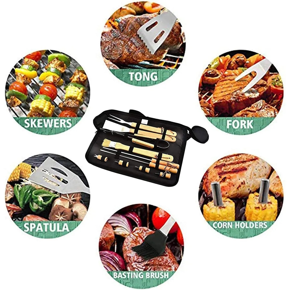 Outdoor Picnic Camping Wooden Handle Stainless Steel BBQ Set 2