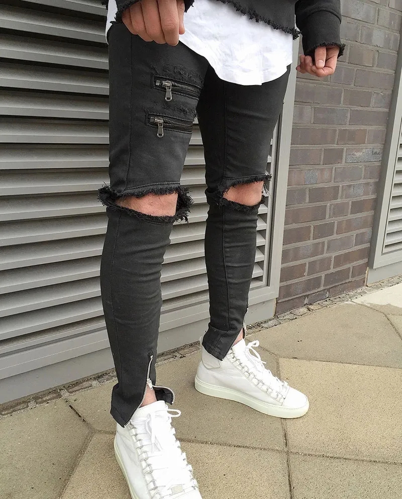 Men's Distressed Biker Jeans with Side Zip and Broken Holes 2