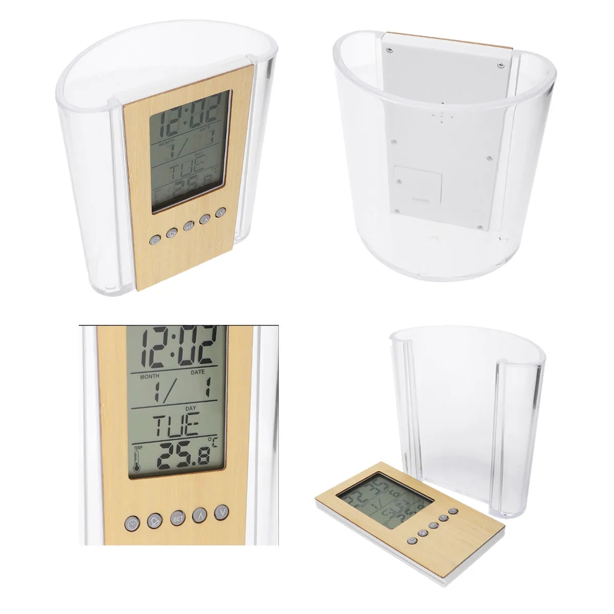 Multifunctional Digital Bamboo And Wood Pen Holder Clock 3