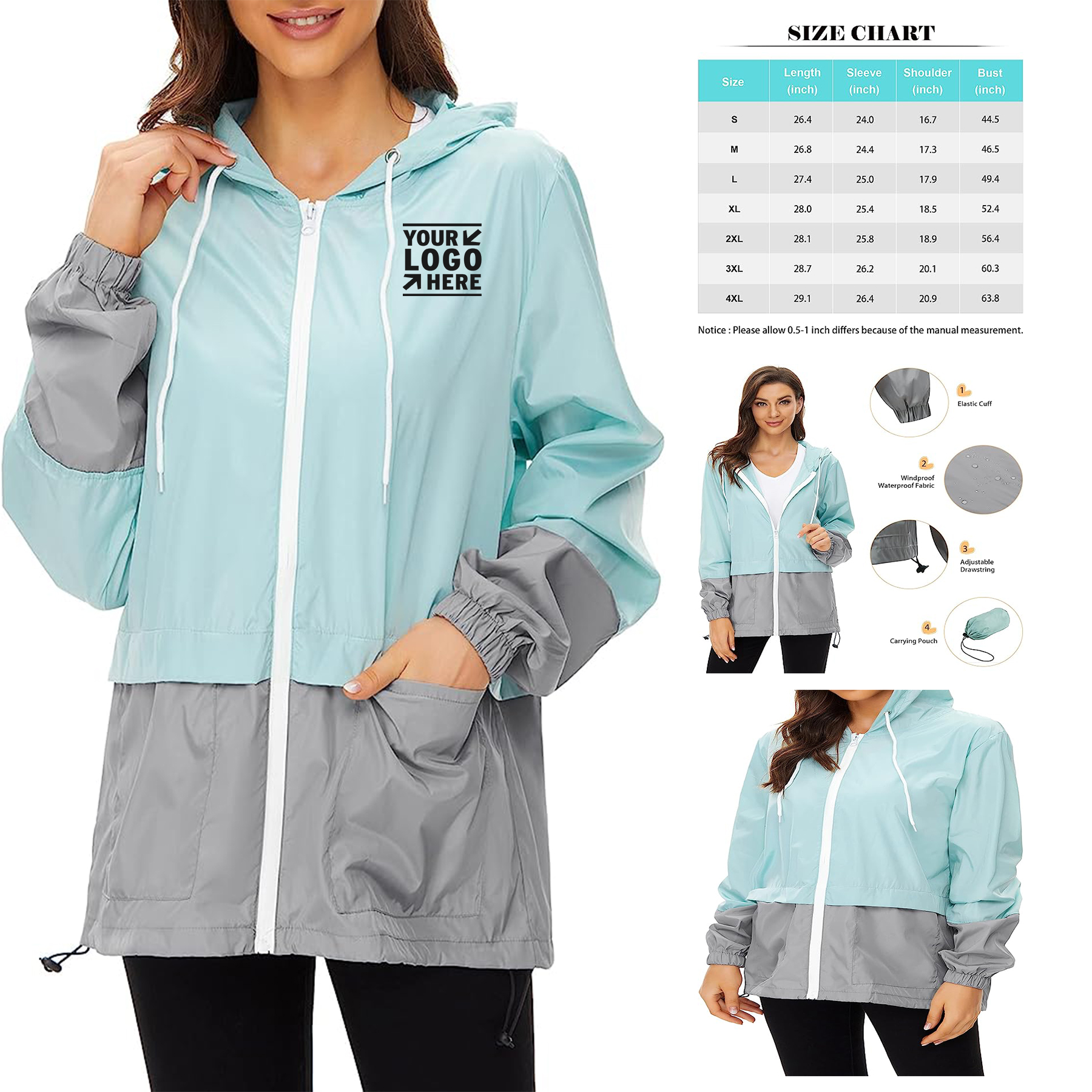 Women Packable Lightweight Rain Jacket