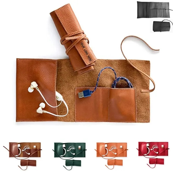 Genuine Leather Charger Roll Up, Electronics Cable Organizer