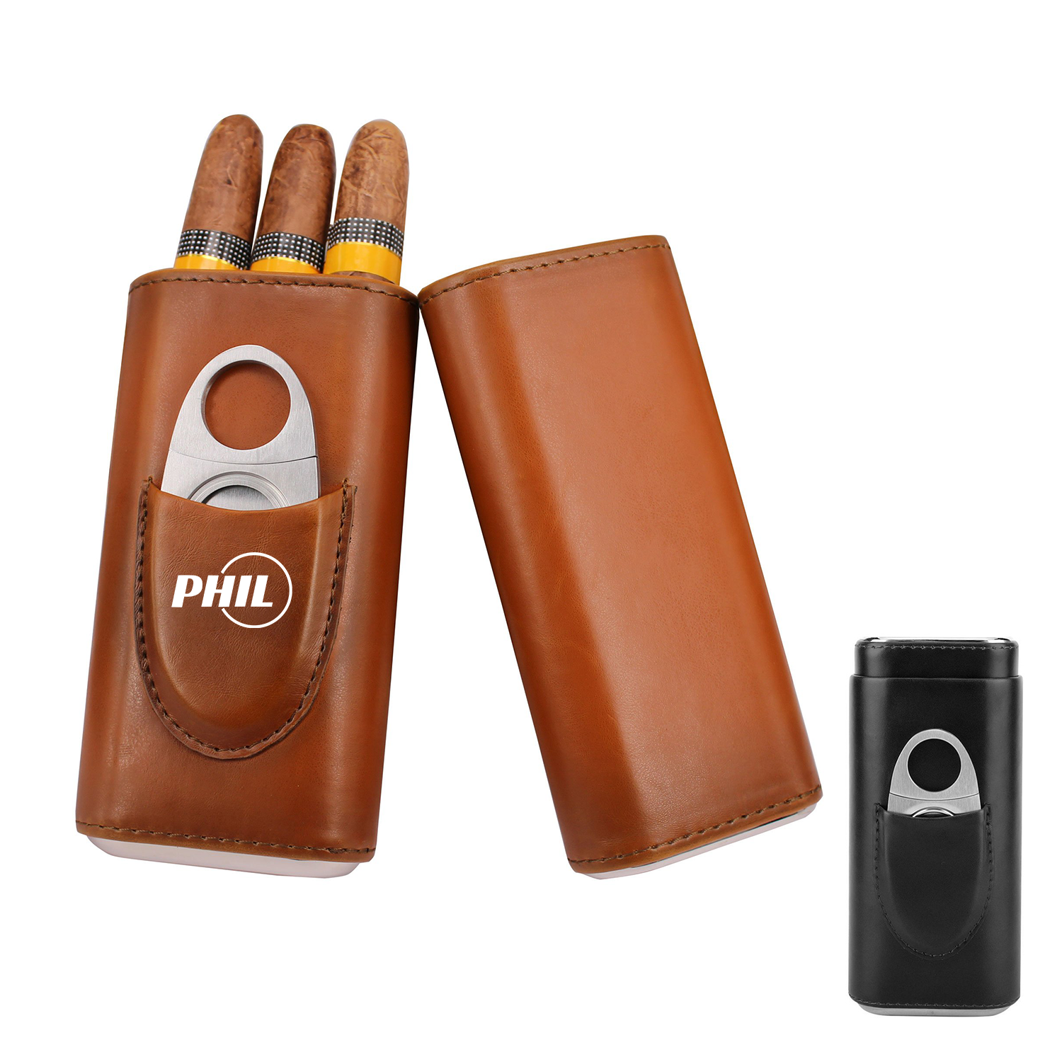 3 -Sticks Leather Cigar Travel Case With Cutter 1