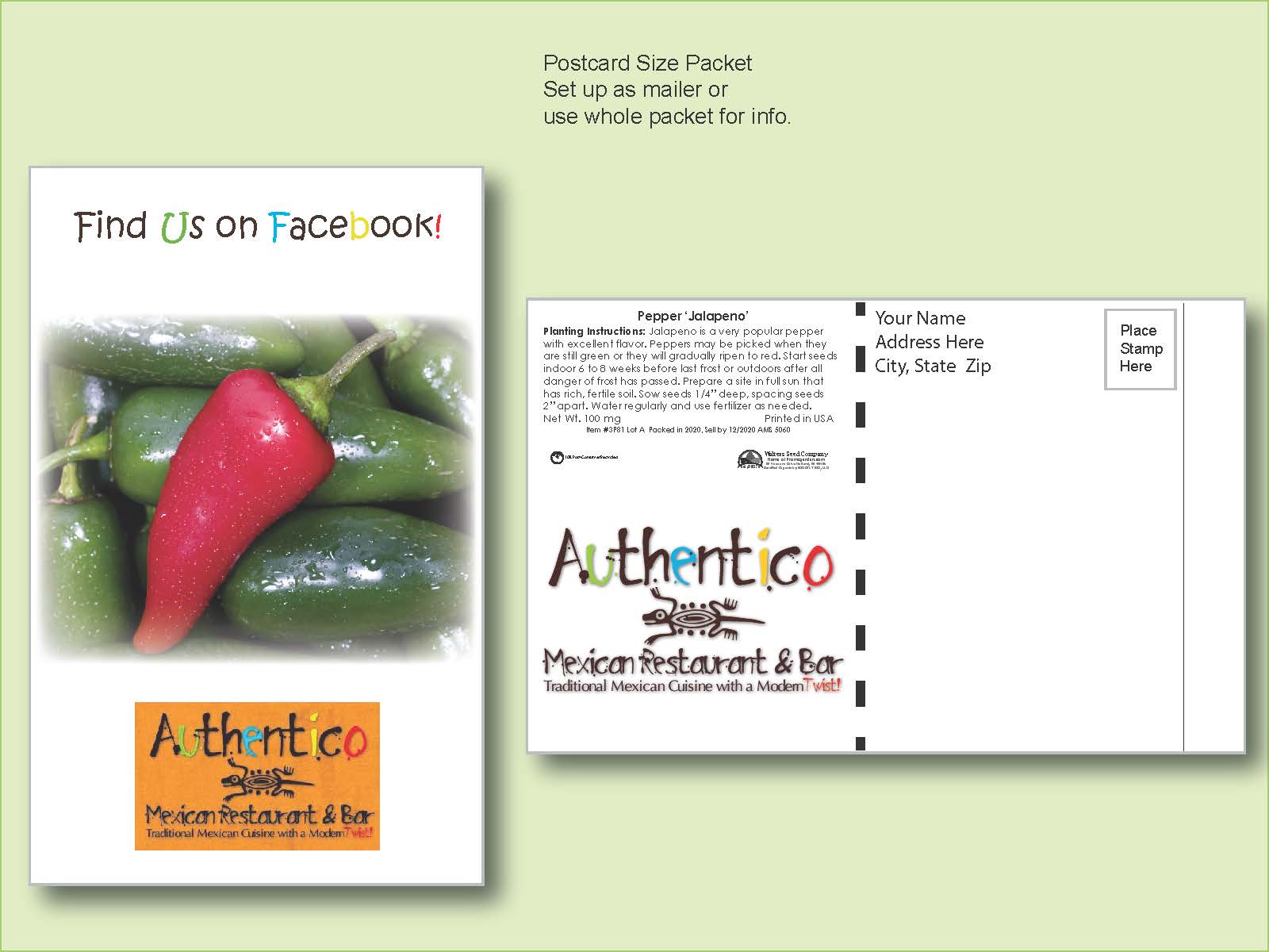 Organic Jalapeno Pepper Seed Packet - Postcard Mailer Size 4" x 6.5" 1
