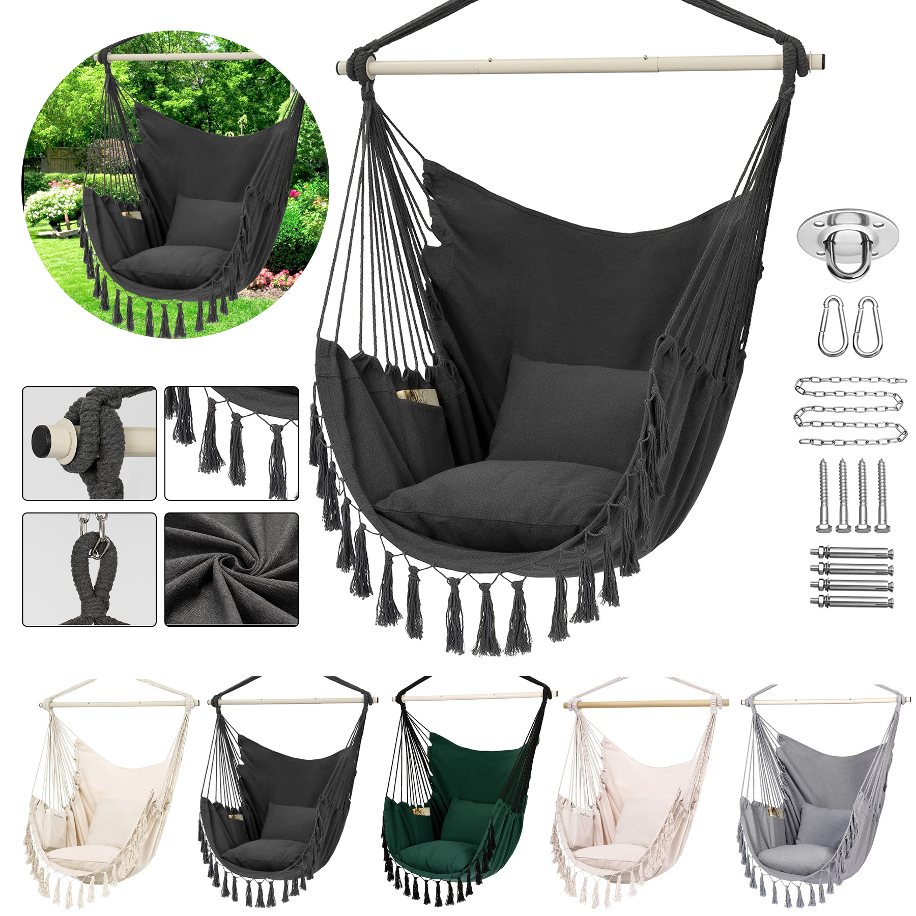 Hammock Chair Hanging Rope Swing with Cushions 2