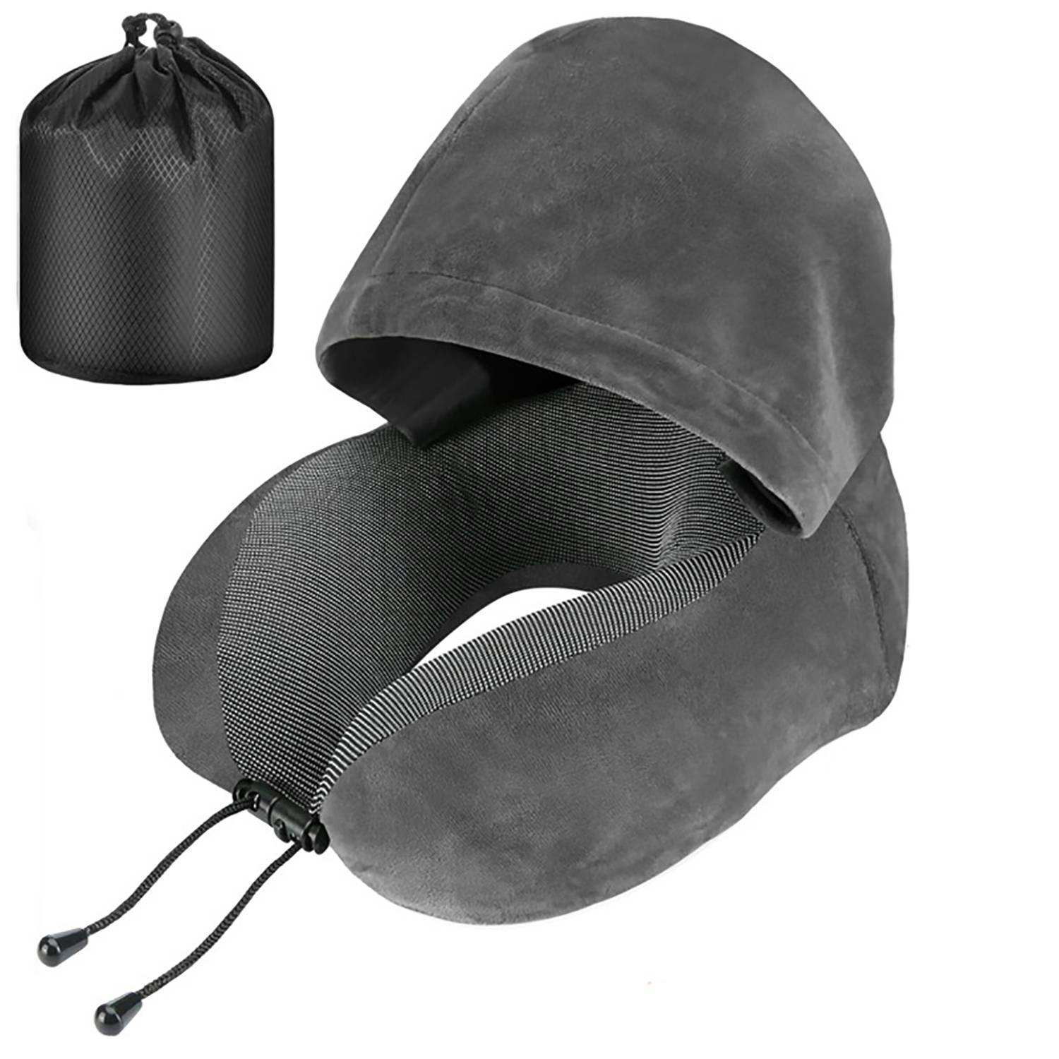 Portable Hooded Travel U-Shaped Pillow w/ Drawstring Bag 4