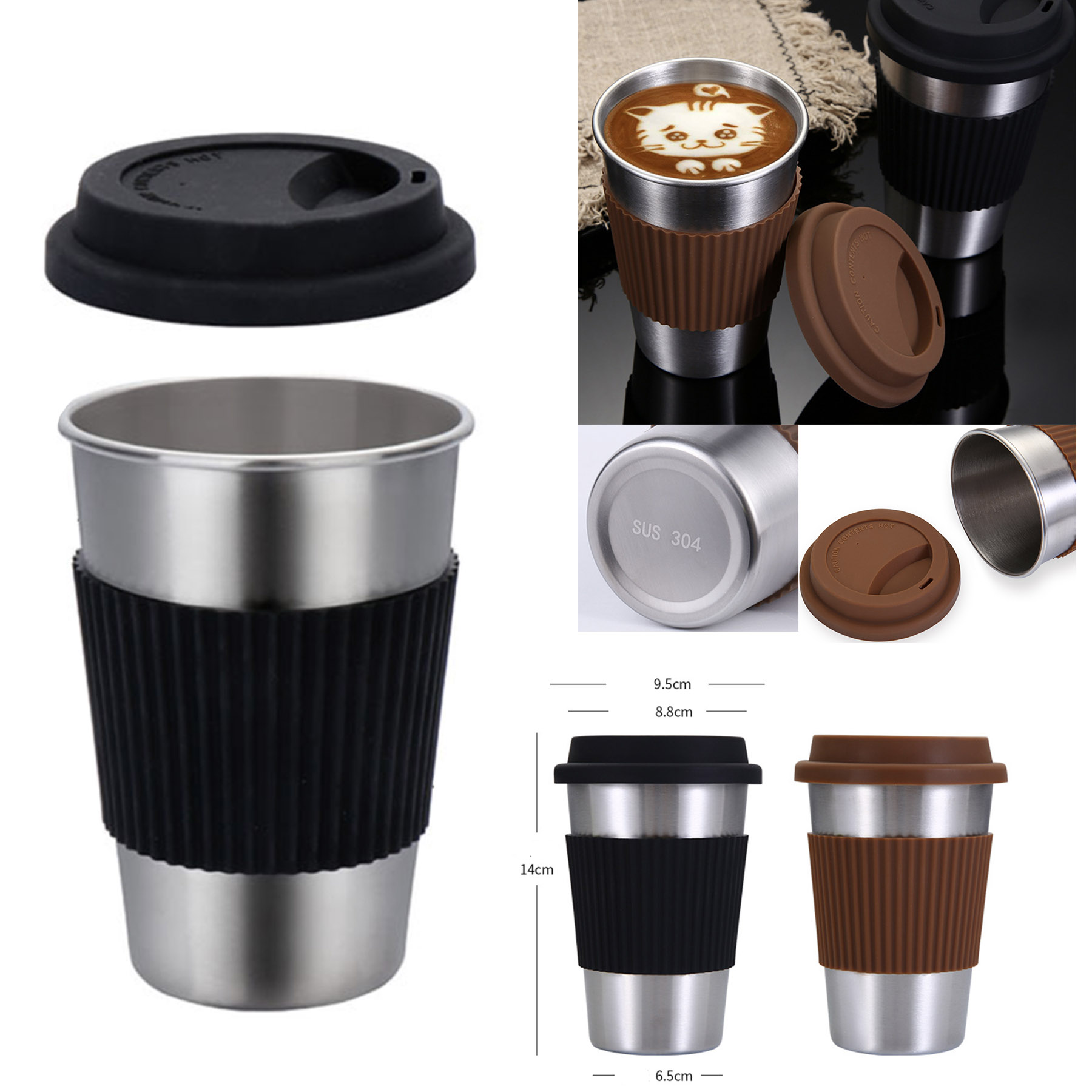 Portable Stainless Steel Coffee Tea Mug With Silicone Lids And Sleeves 1