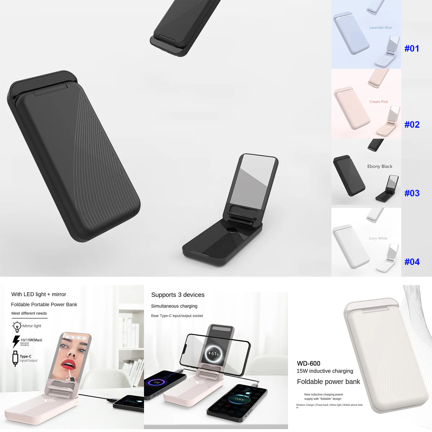 Foldable Wireless Charging 10000 MAh  Power Bank With Mirror