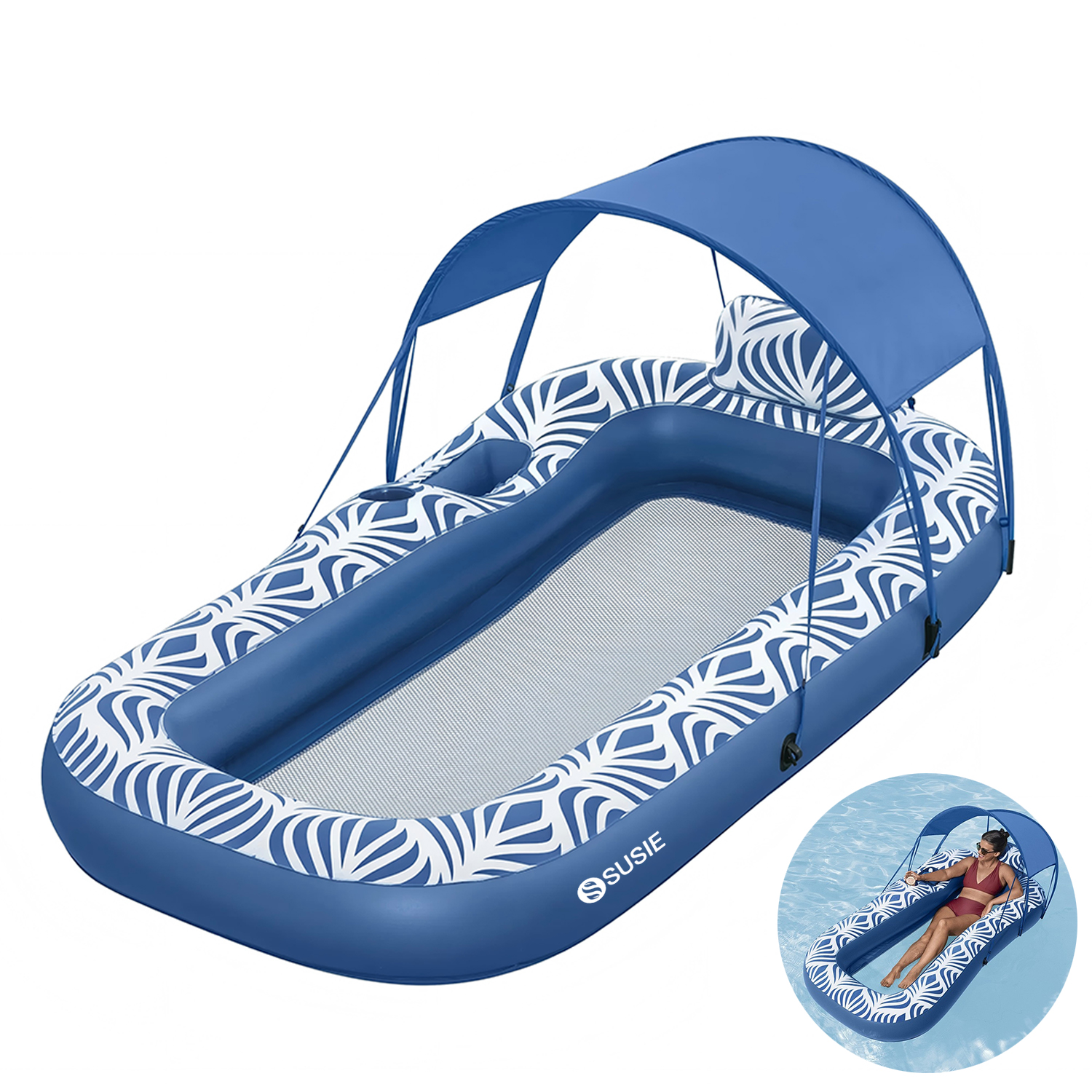 Large Inflatable Pool Float with Backrest & Cup Holders 3