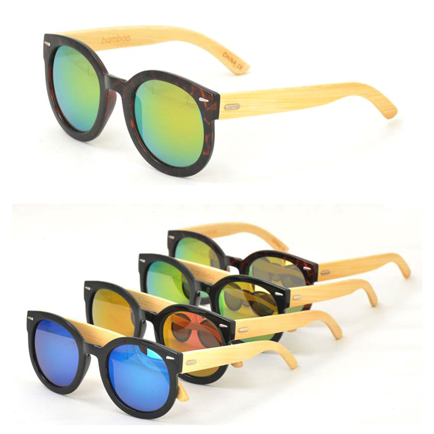 Anti-Paparazzi Large Round Bamboo Sunglasses w/Color Mirror Lens 1